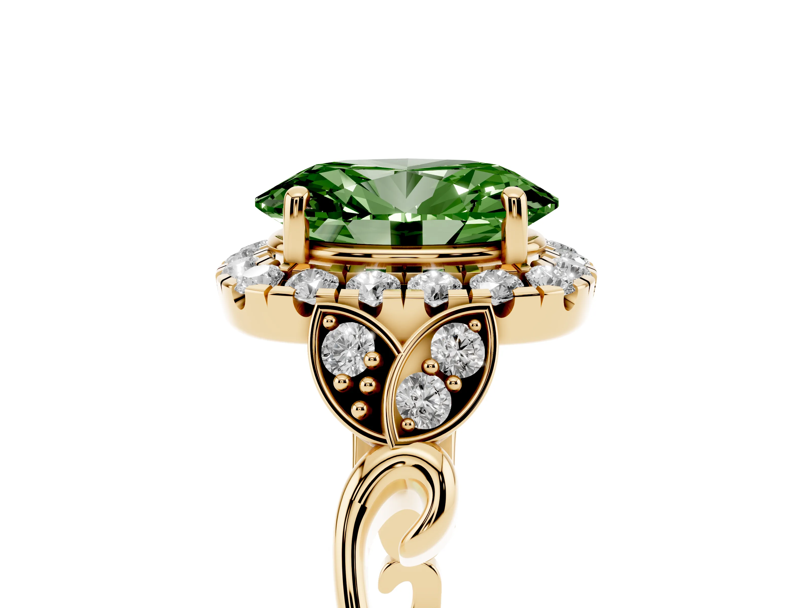 Fancy Green Oval Cut Diamond Halo Engagement Ring Set in Yellow gold with Vintage-Inspired Band and Prong Setting