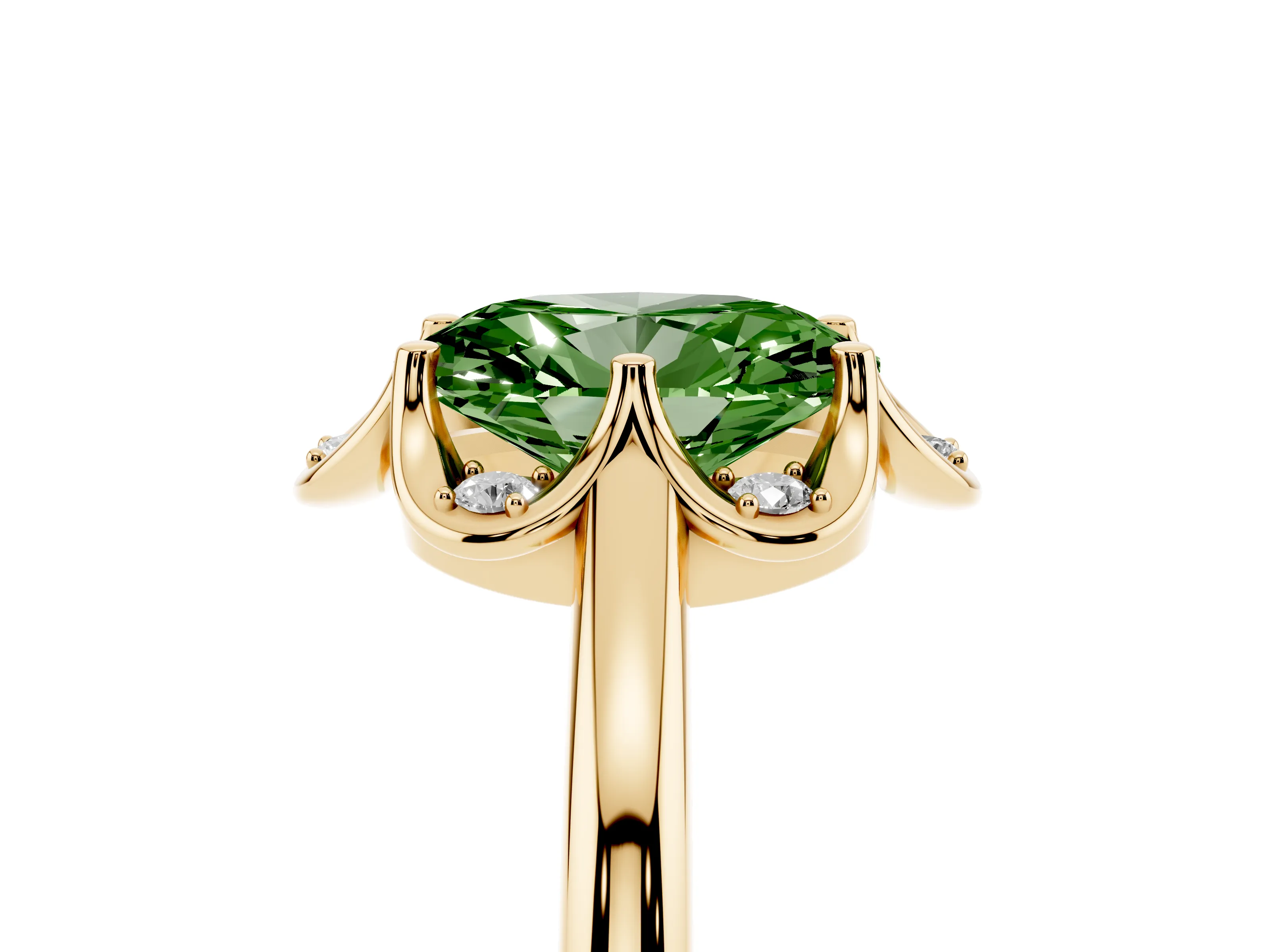 Fancy Green Oval Cut Diamond Round Cluster Halo Ring Set in Yellow gold with Solitaire Band and Prong Setting