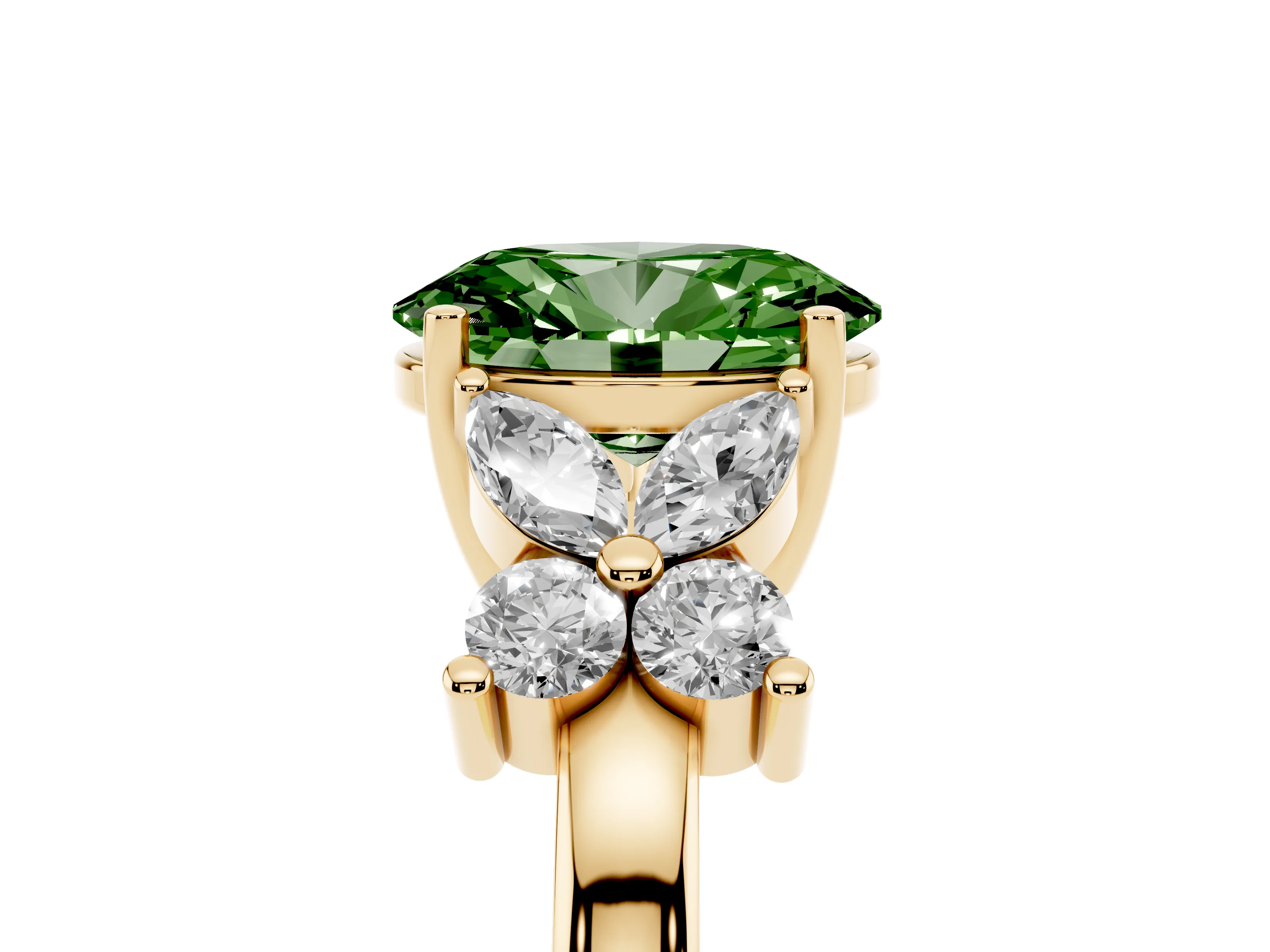 Fancy Green Oval Cut Diamond Floral Cluster Ring Set in Yellow gold with Marquise Petals and Prong Setting