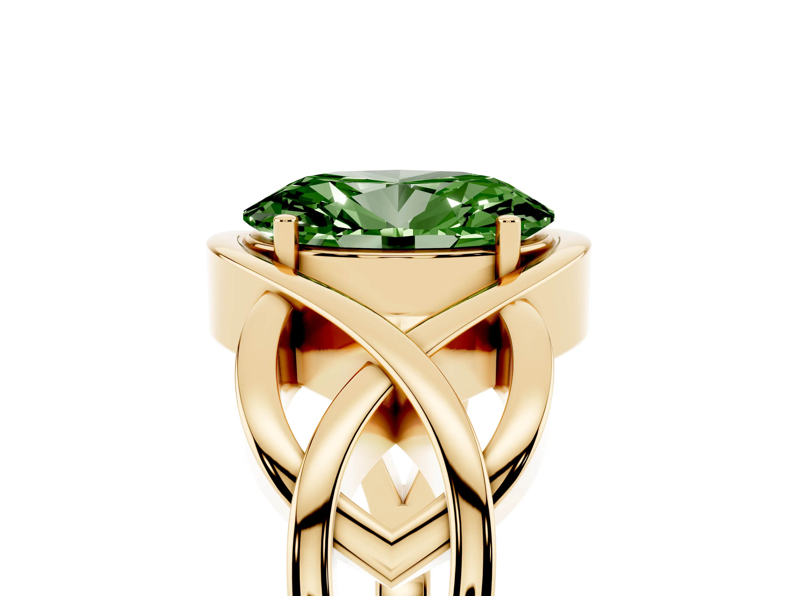 Fancy Green Oval Cut Diamond Solitaire Ring Set in Yellow gold with Intertwined Band
