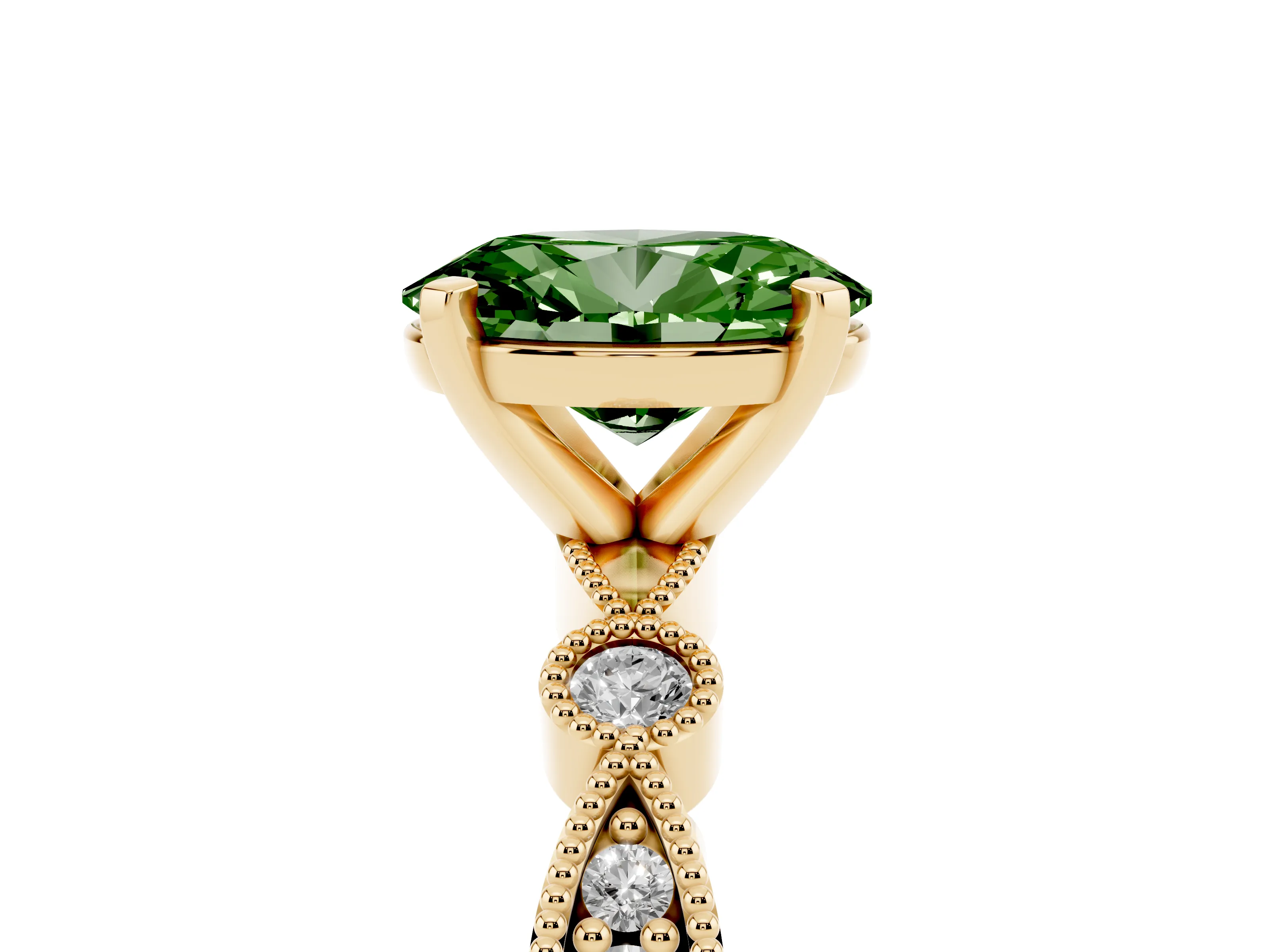 Fancy Green Oval Cut Diamond Solitaire Engagement Ring Set in Yellow gold with Milgrain Bezel Accent Band