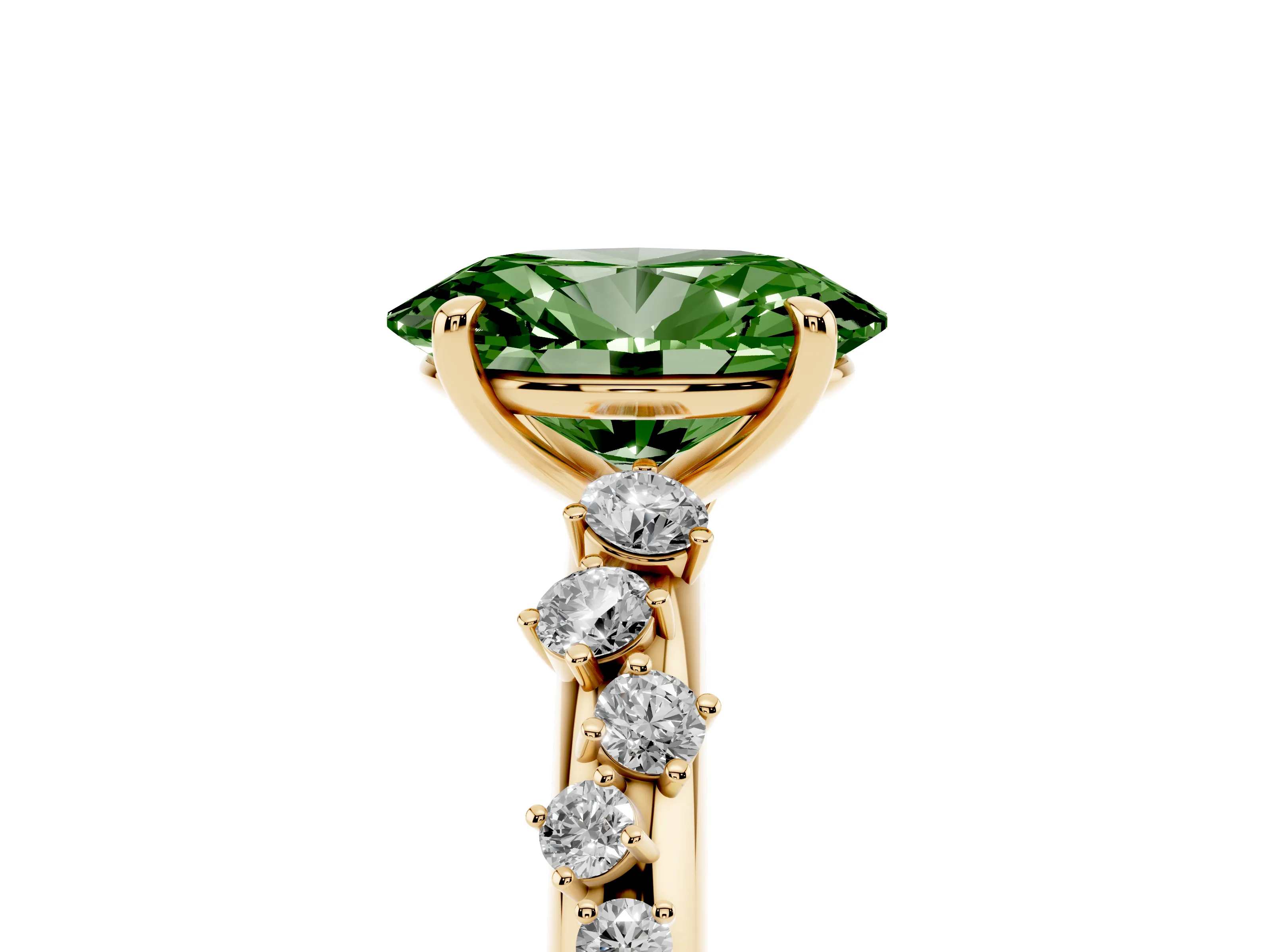 Fancy Green Oval Cut Diamond Cluster Solitaire Ring Set in Yellow gold with Prong Setting