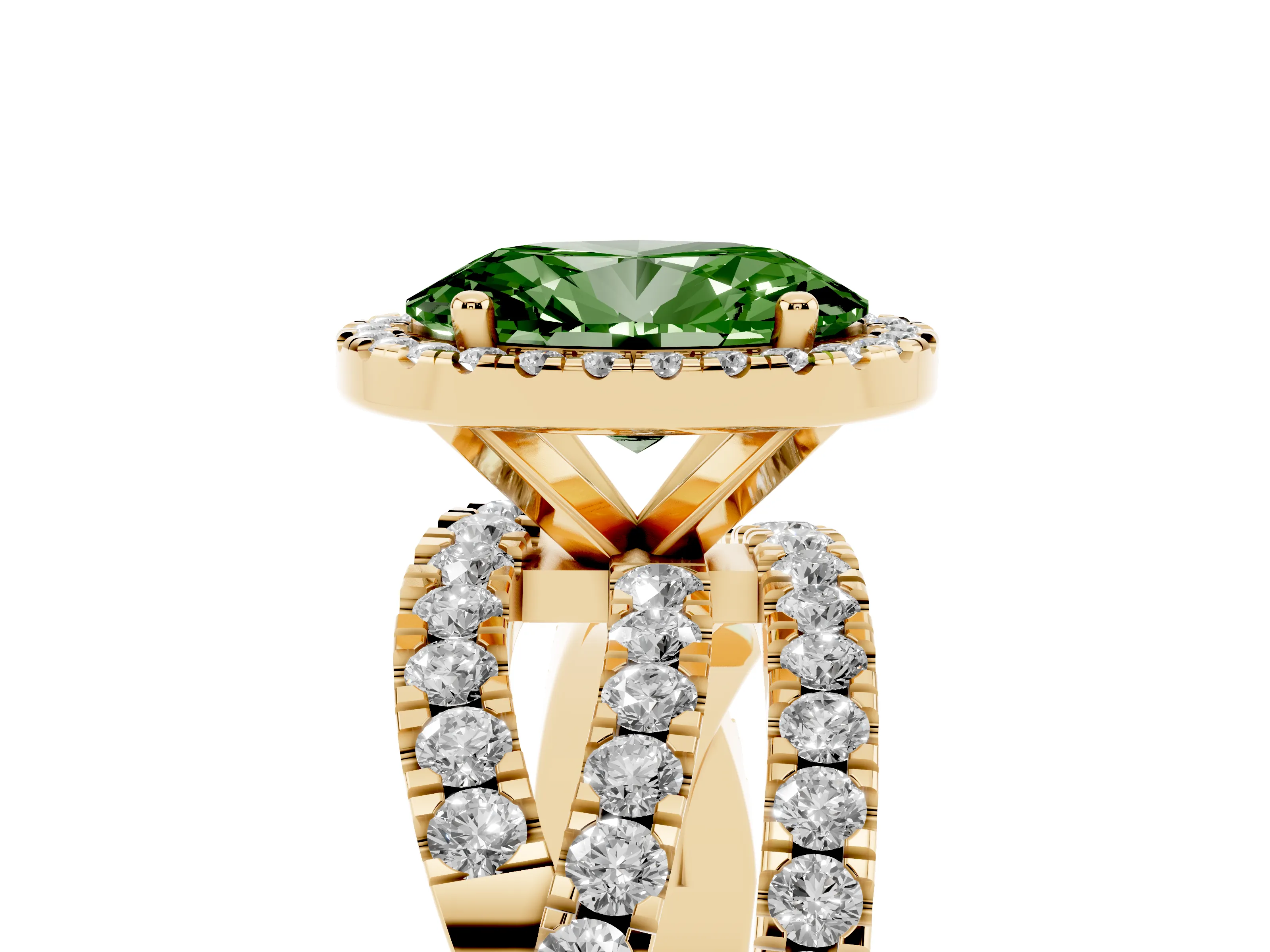 Fancy Green Oval Cut Diamond Halo Ring Set in Yellow gold with Round Crossover Split Shank and Prong Setting