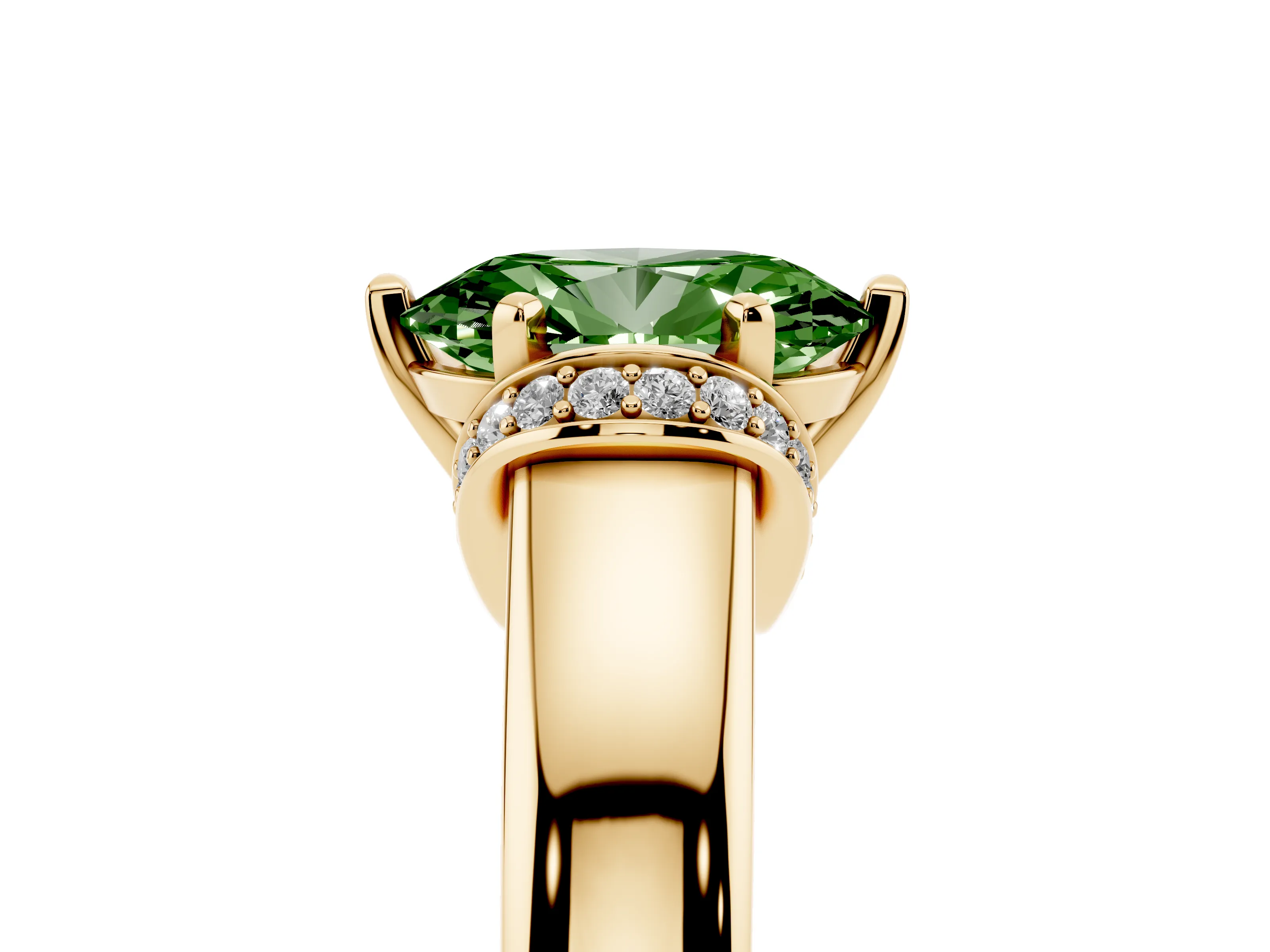 Fancy Green Oval Cut Diamond Pavé Band Solitaire Ring Set in Yellow gold with Prong Setting