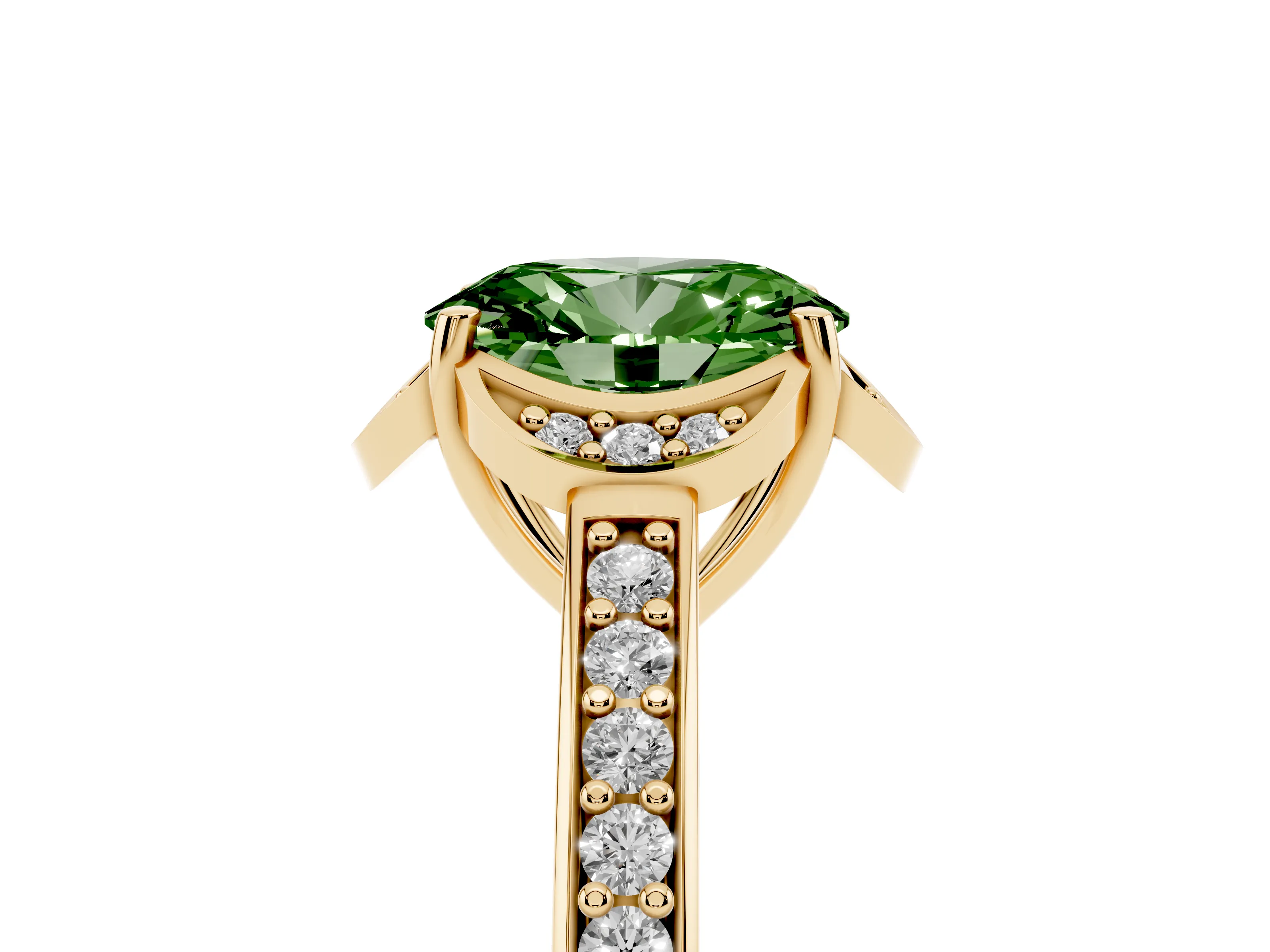 Fancy Green Oval Cut Diamond Halo Ring Set in Yellow gold with Channel Set Band and Prong Setting