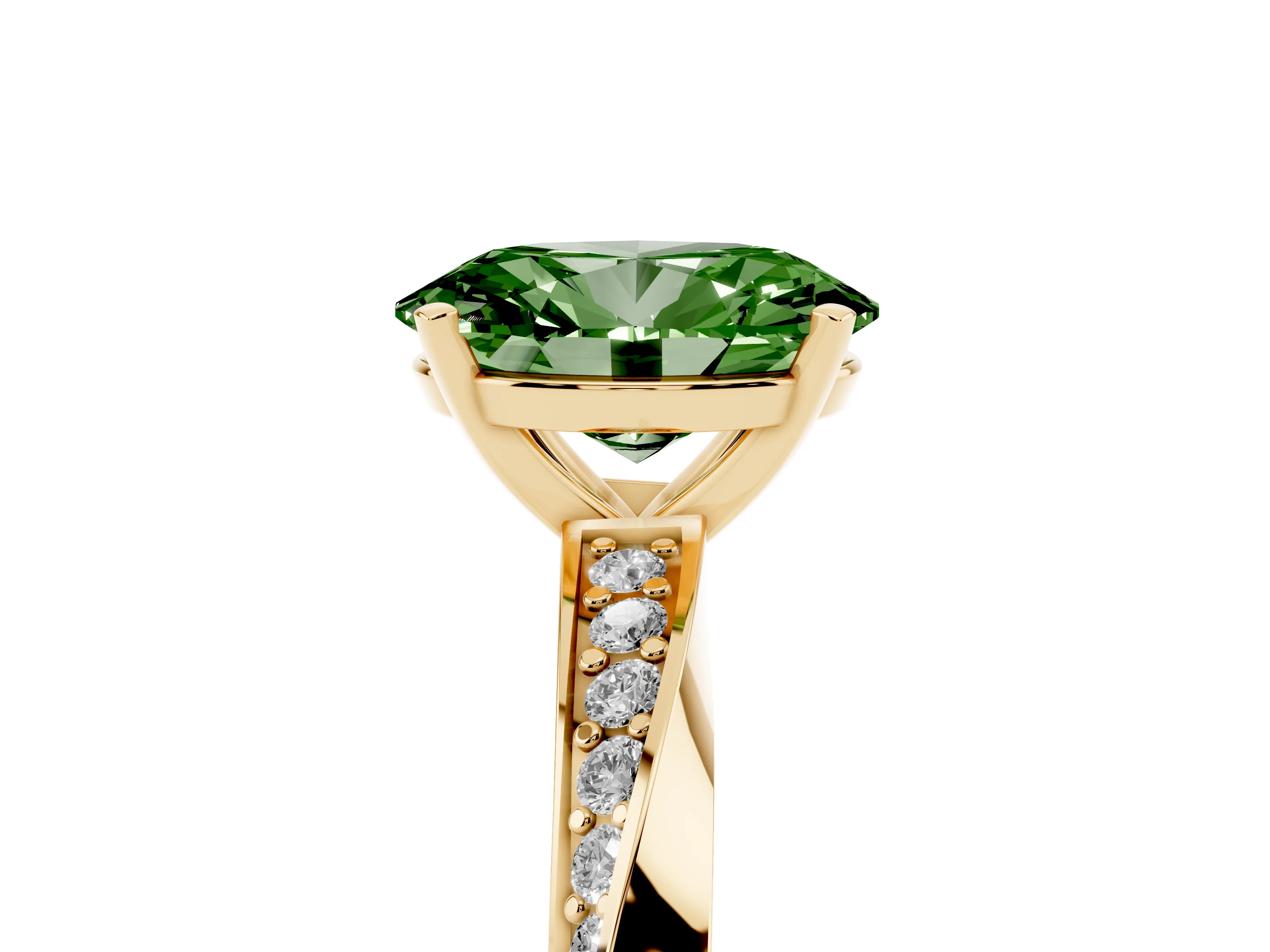 Fancy Green Oval Cut Diamond Engagement Ring Set in Yellow gold with Side Stone Accents and Prong Setting