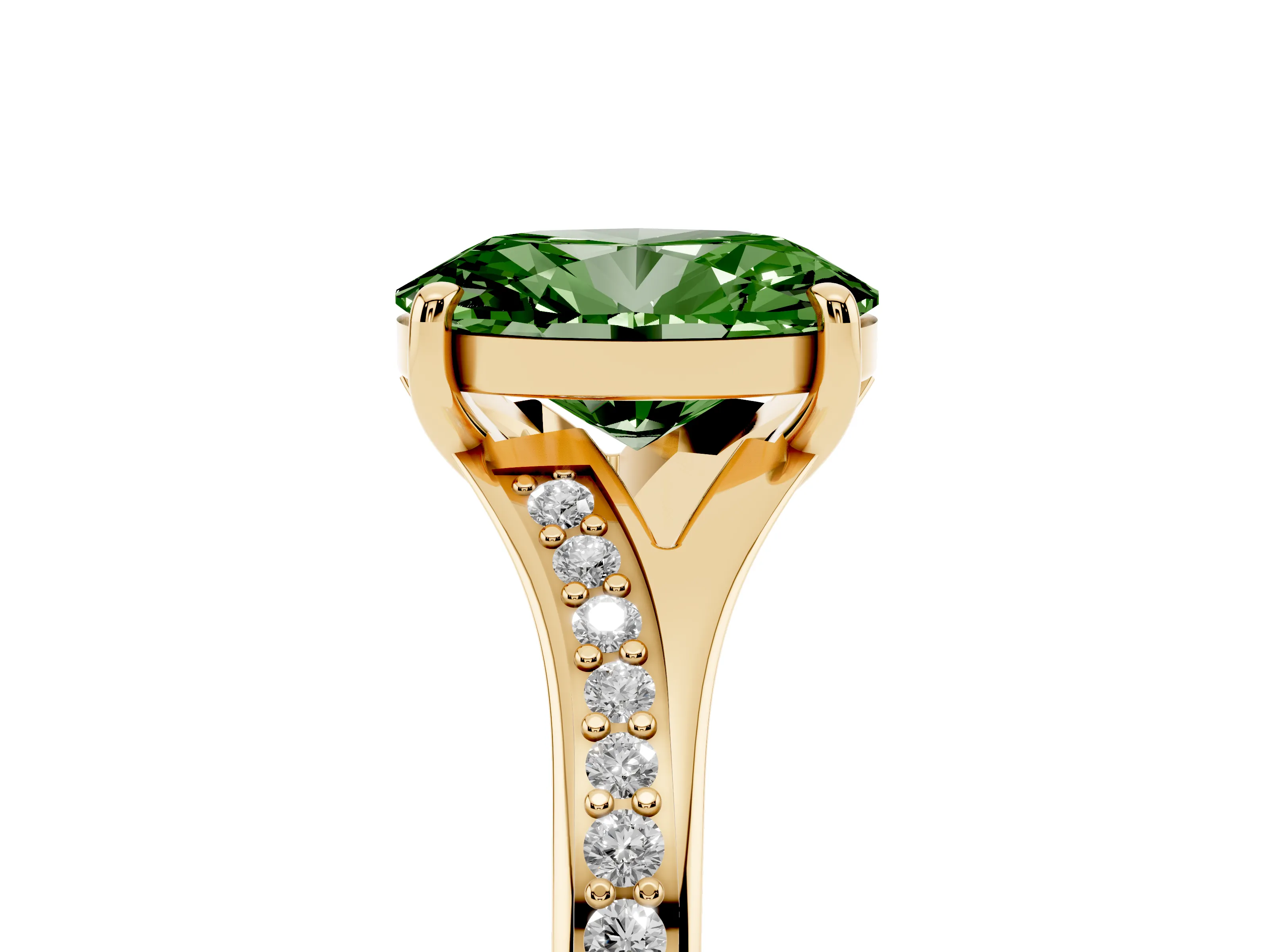 Fancy Green Oval Cut Diamond Solitaire Ring Set in Yellow gold with Pavé Accent Band and Classic Prong Setting
