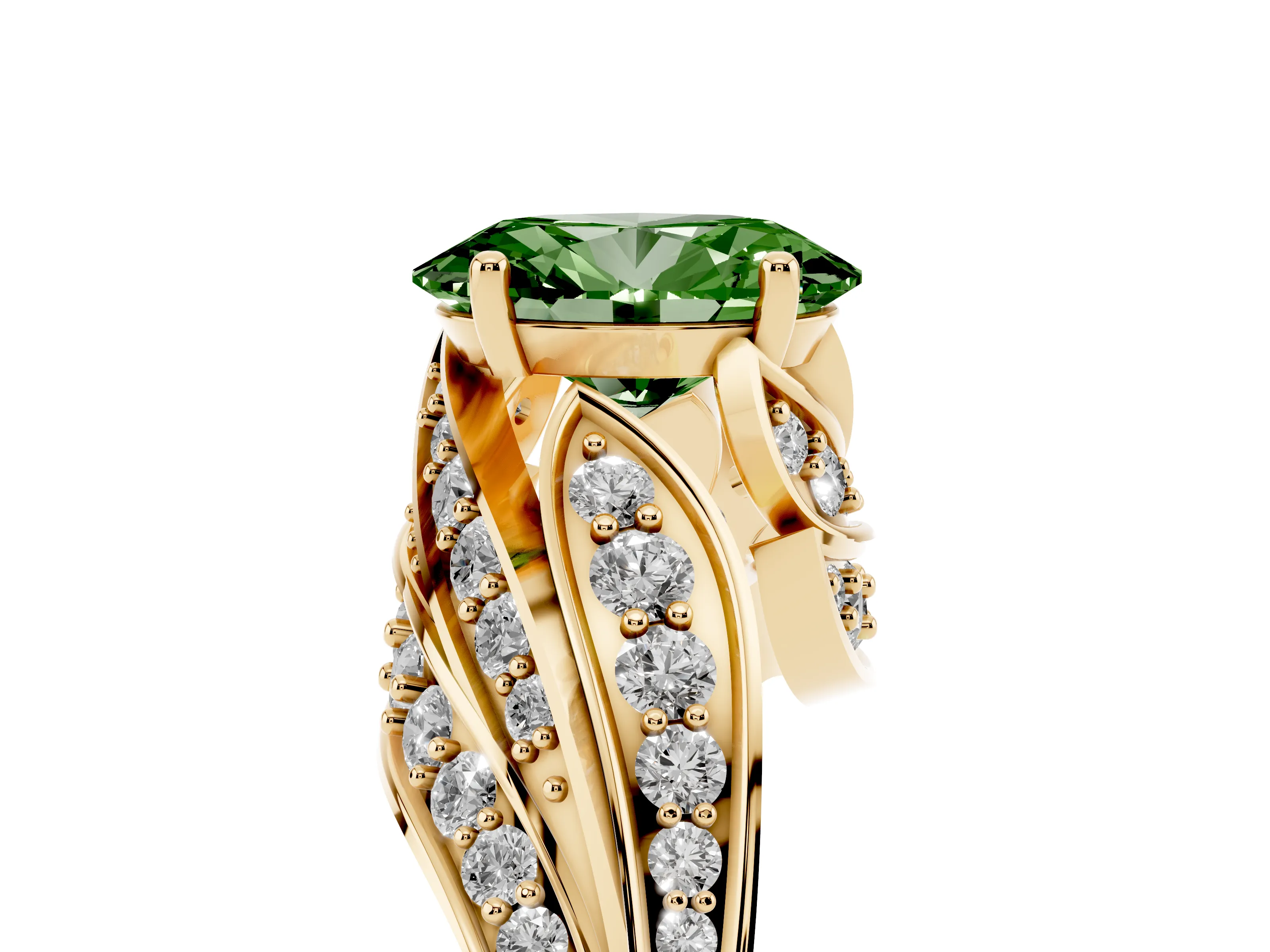 Fancy Green Oval Cut Diamond Solitaire Ring Set in Yellow gold with Layered Twist Pavé Band