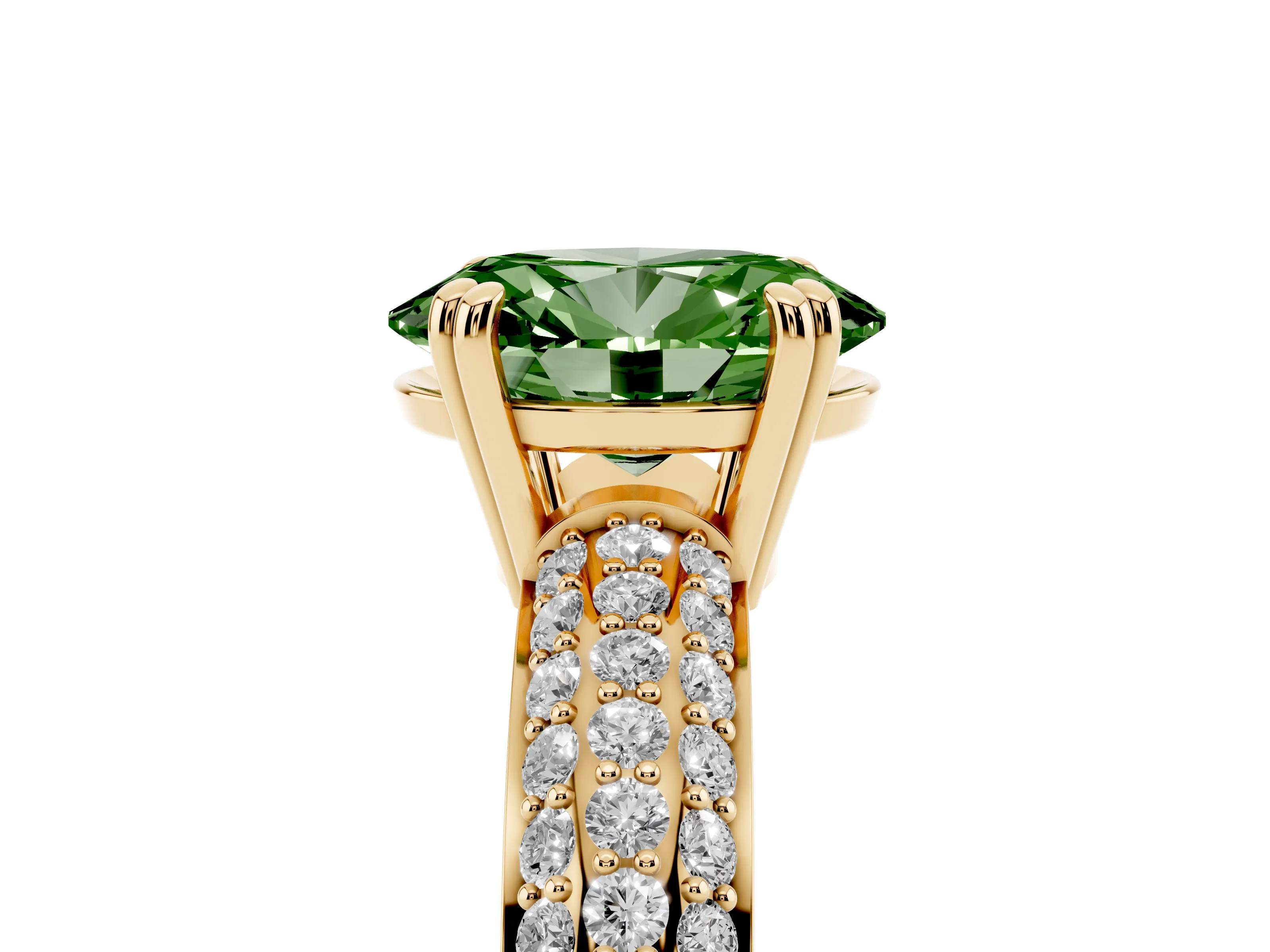 Fancy Green Oval Cut Diamond Solitaire Ring Set in Yellow gold with Multi-Row Round Pavé Band and Prong Setting