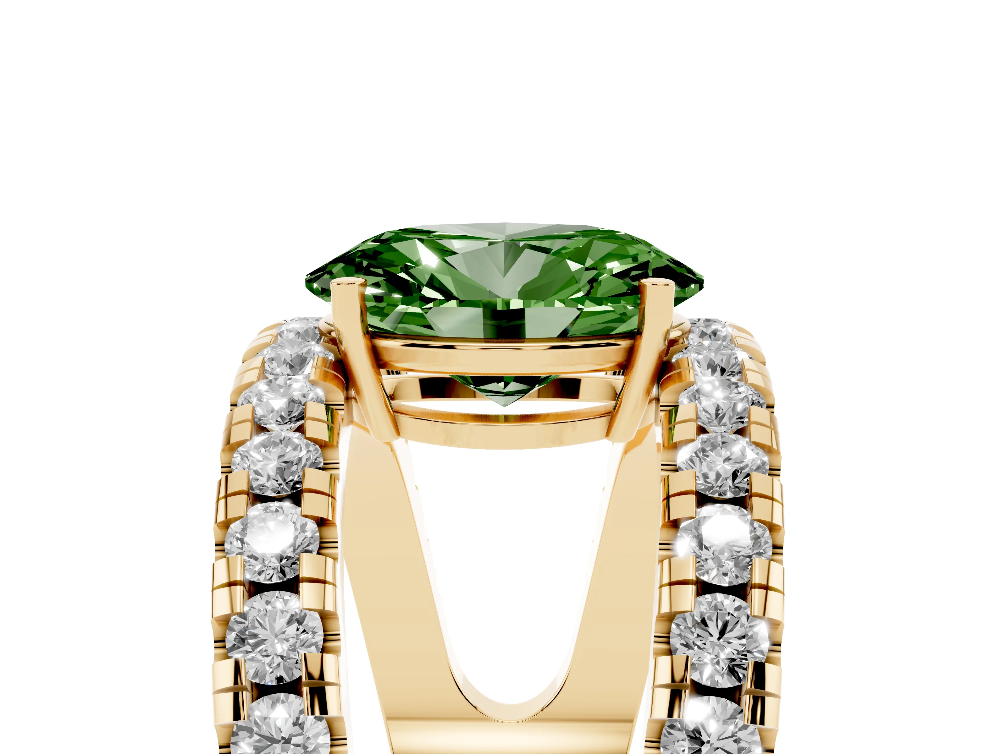 Fancy Green Oval Cut Diamond Split Shank Pavé Solitaire Ring Set in Yellow gold with Open Shank Design
