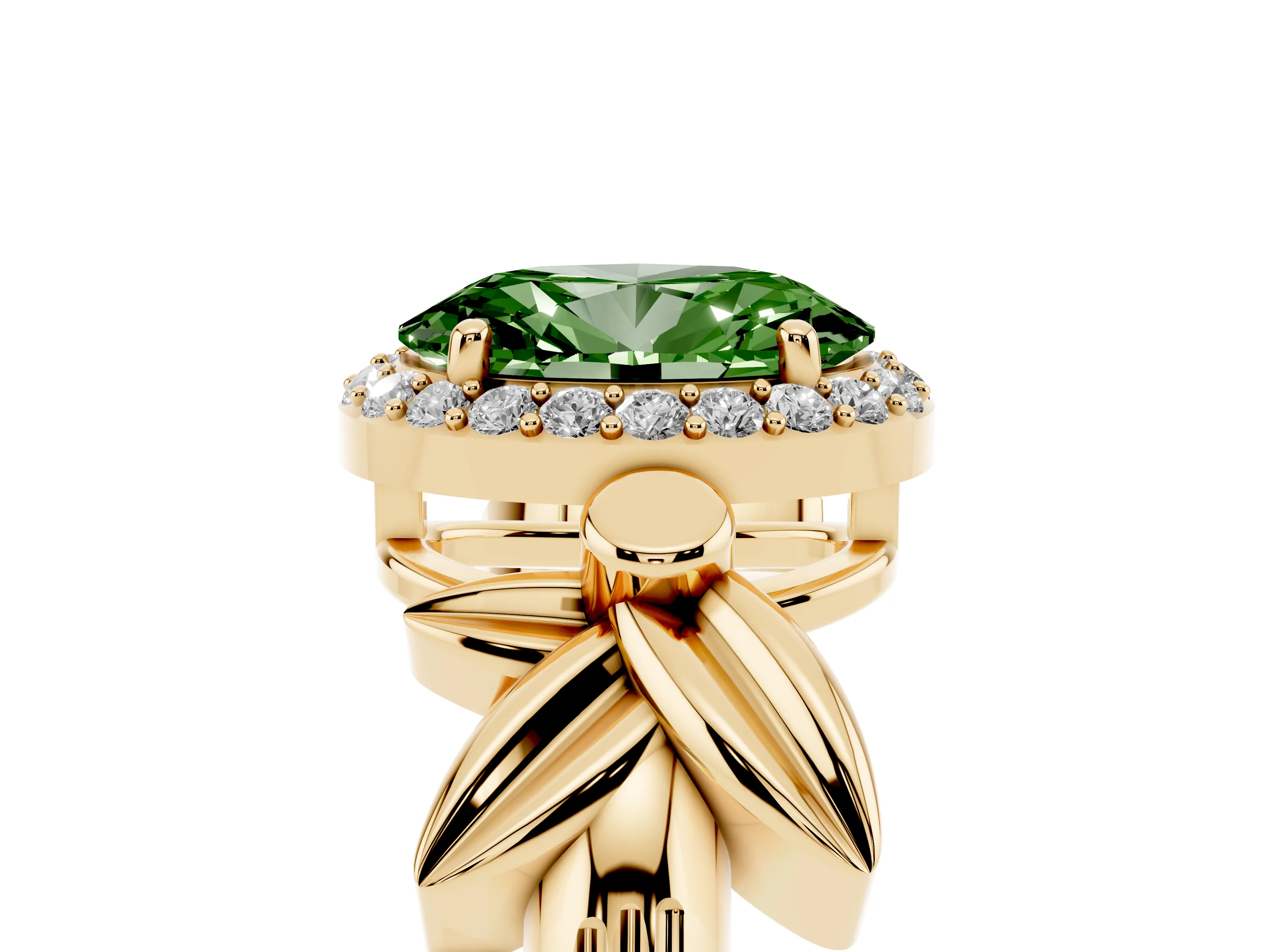 Fancy Green Oval Cut Diamond Halo Floral Band Ring Set in Yellow gold with Prong Setting