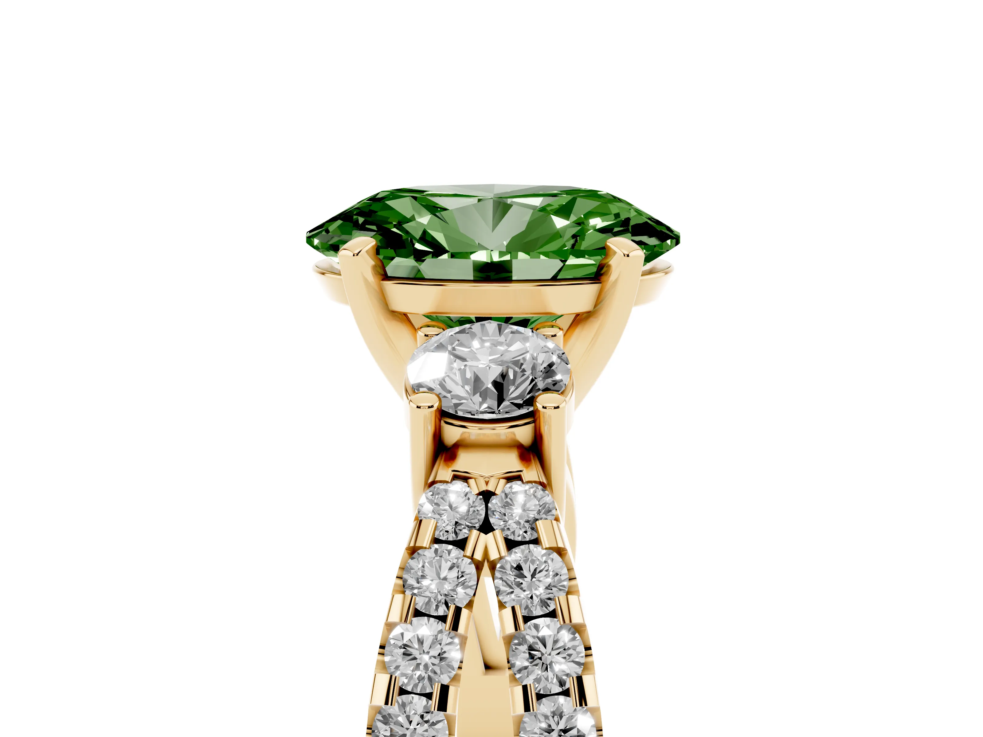 Fancy Green Oval Cut Diamond Three-Stone Ring Set in Yellow gold with Pavé Split Shank and Prong Setting
