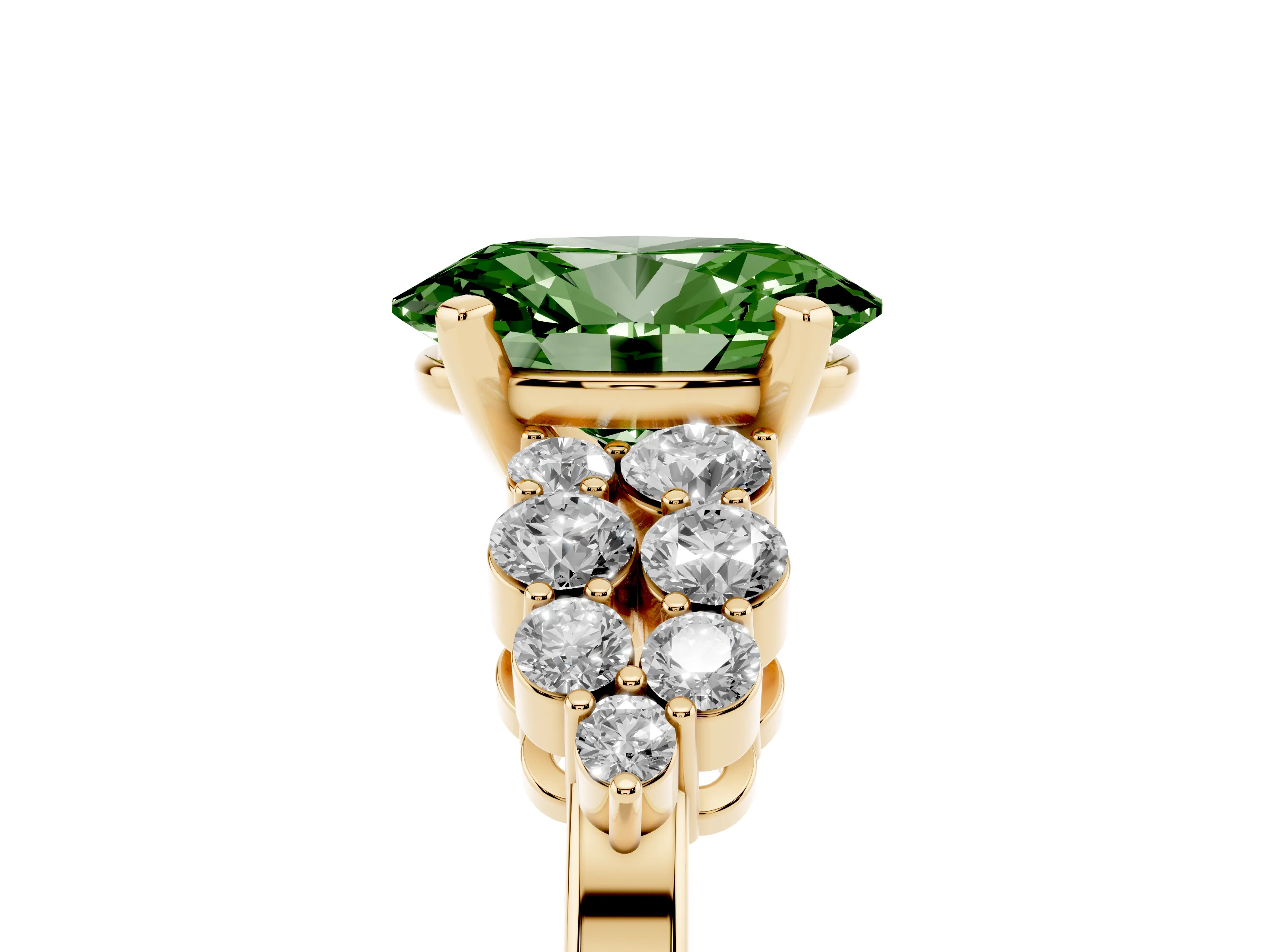 Fancy Green Oval Cut Diamond Cluster Engagement Ring Set in Yellow gold with Pavé Band and Prong Setting