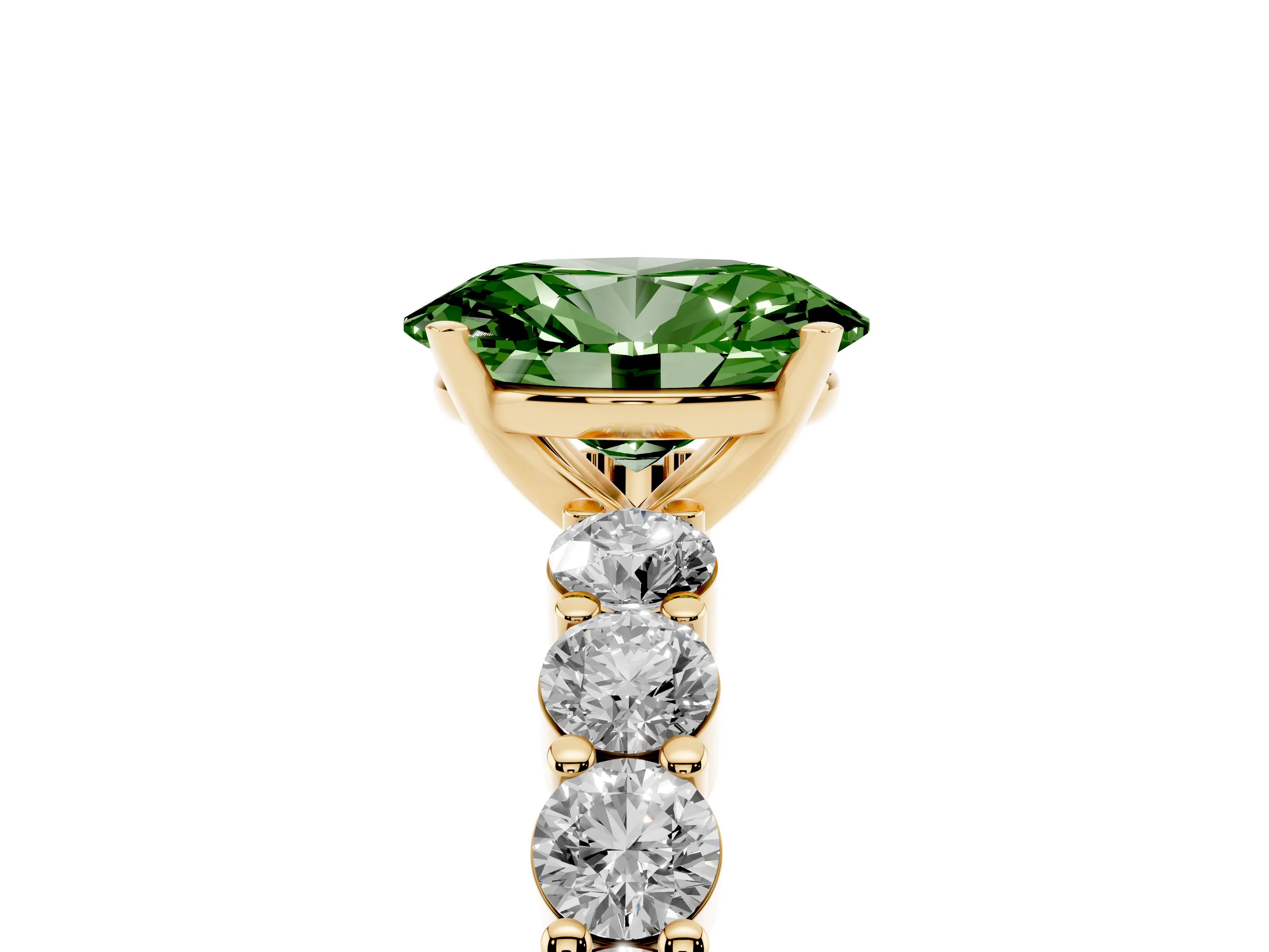 Fancy Green Oval Cut Diamond Solitaire Ring Set in Yellow gold with Shared Prong Round Side Stones