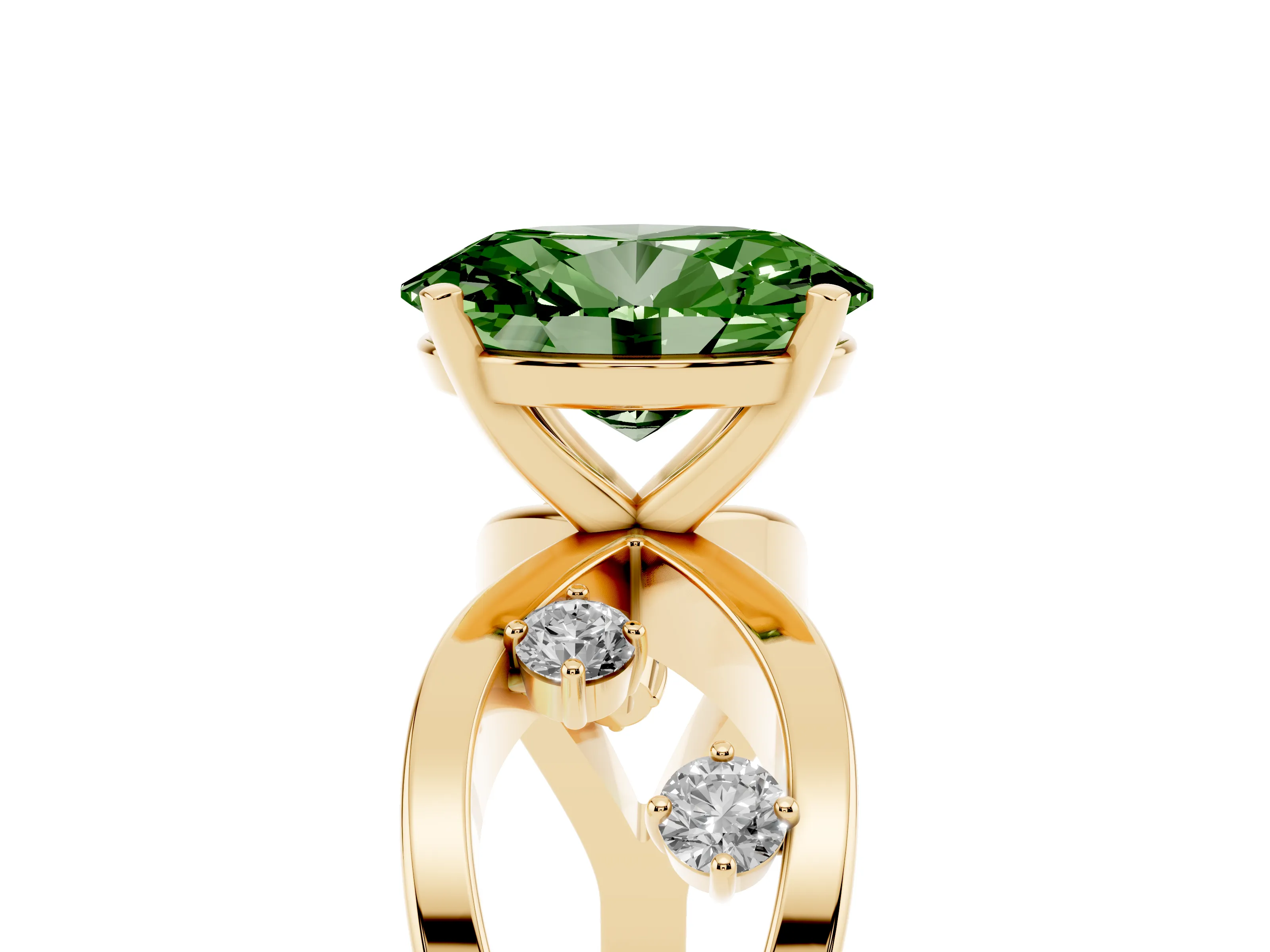 Fancy Green Oval Cut Diamond Solitaire Ring Set in Yellow gold with Side Stones on Criss-Cross Band and Prong Setting