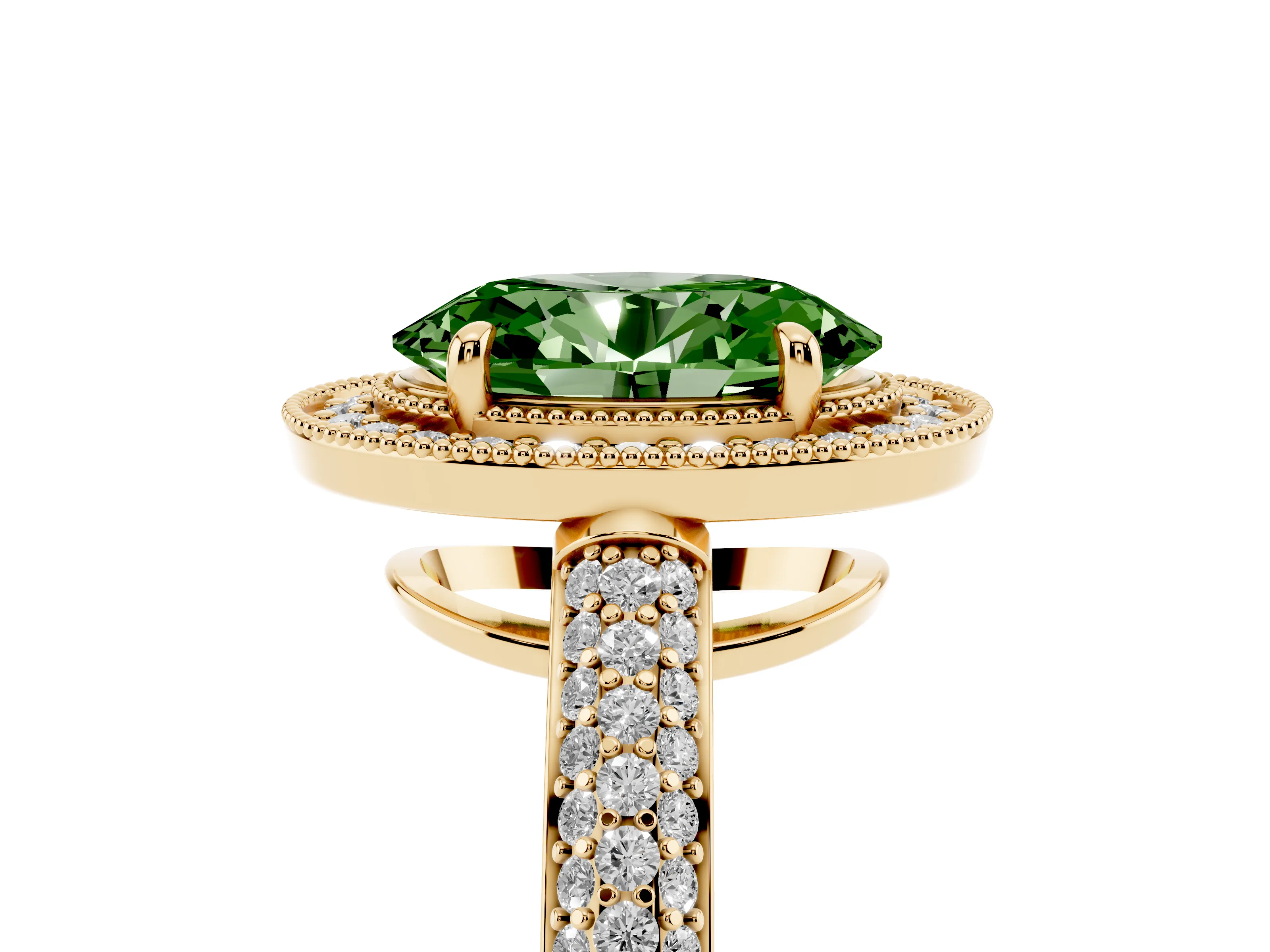 Fancy Green Oval Cut Diamond Halo Pavé Band Set in Yellow gold with Prong Setting