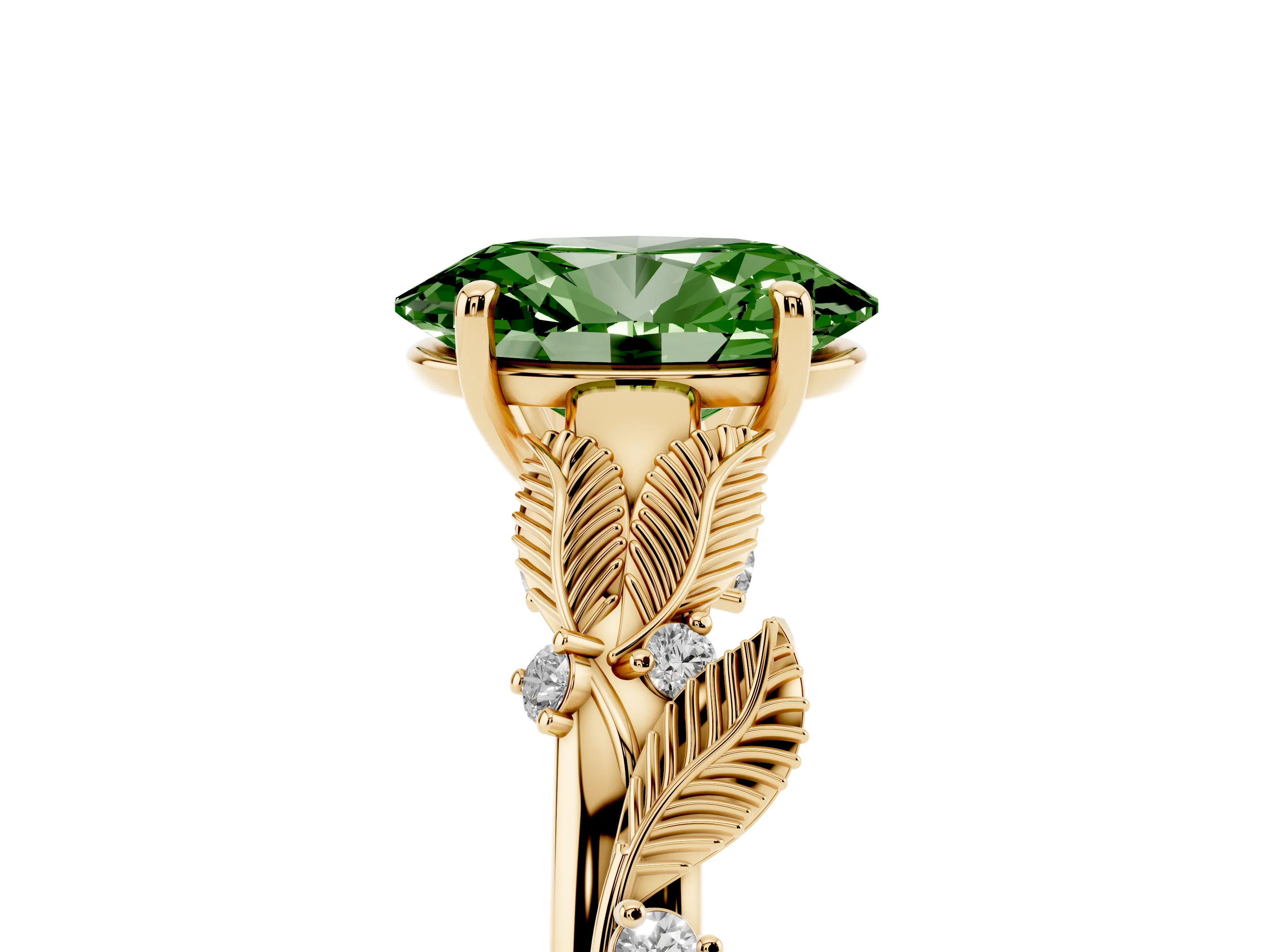 Fancy Green Oval Cut Diamond Solitaire Ring Set in Yellow gold with Leaf Motif Band