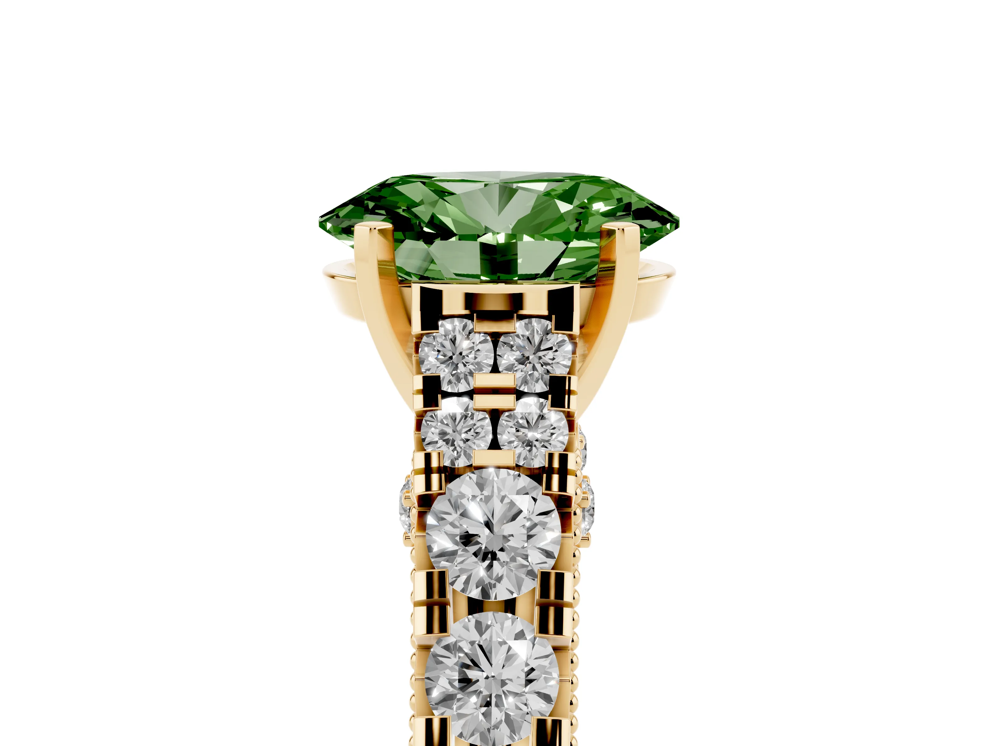 Fancy Green Oval Cut Diamond Classic Solitaire Ring Set in Yellow gold with Pavé Band and Prong Setting