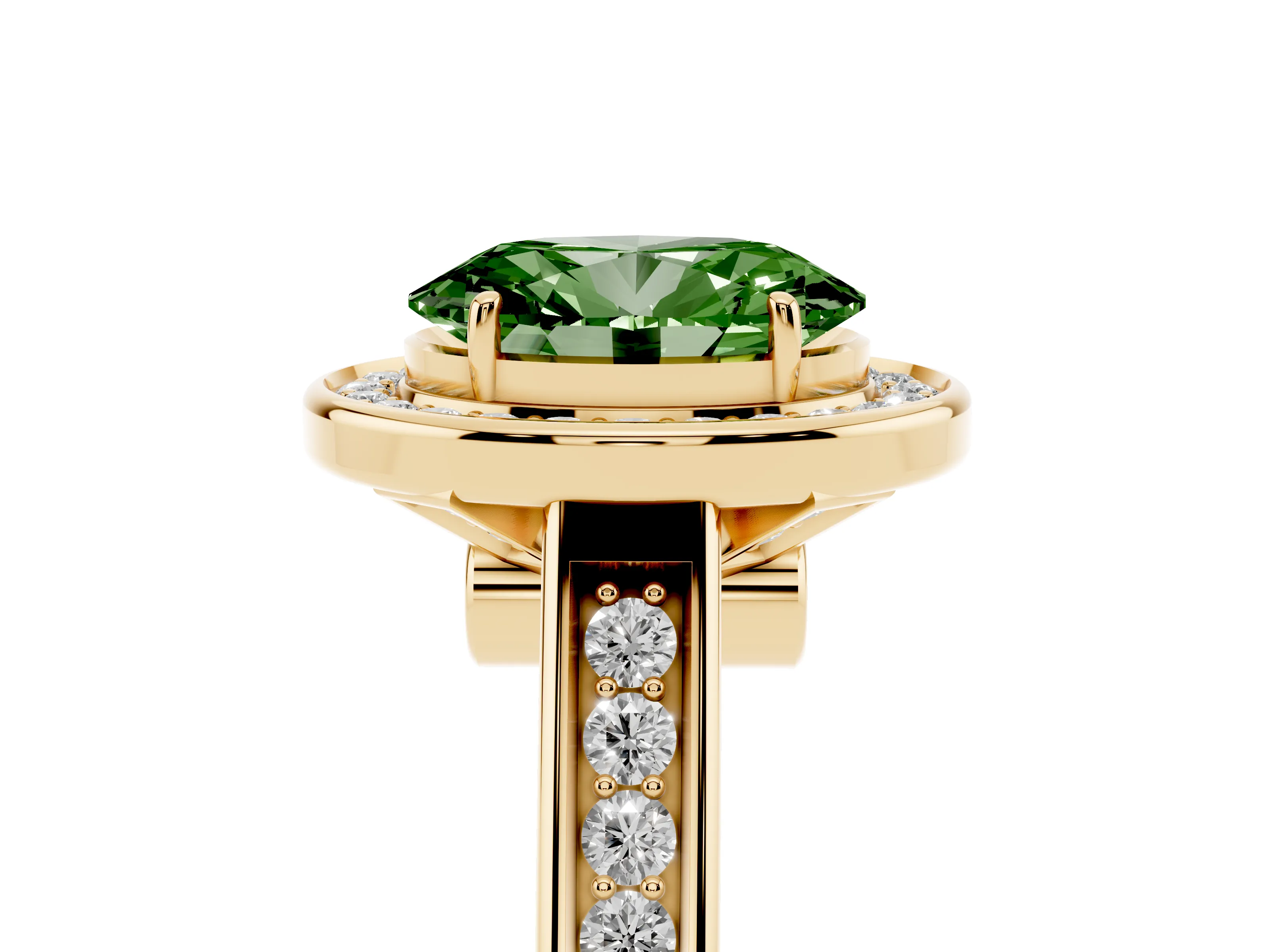 Fancy Green Oval Cut Diamond Halo Solitaire Ring Set in Yellow gold with Pavé Band and Bezel Setting