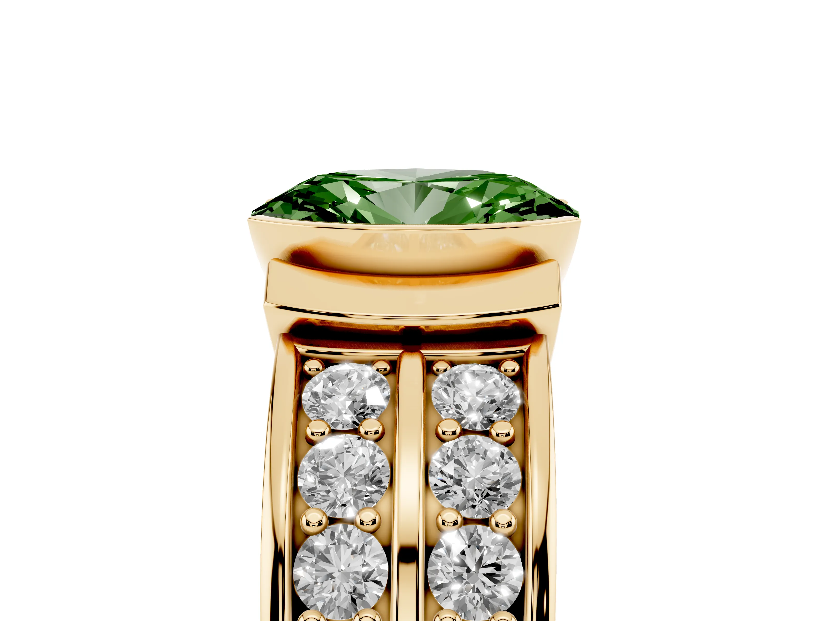 Fancy Green Oval Cut Diamond Wide Channel Set Band Ring Set in Yellow gold with Bezel Setting