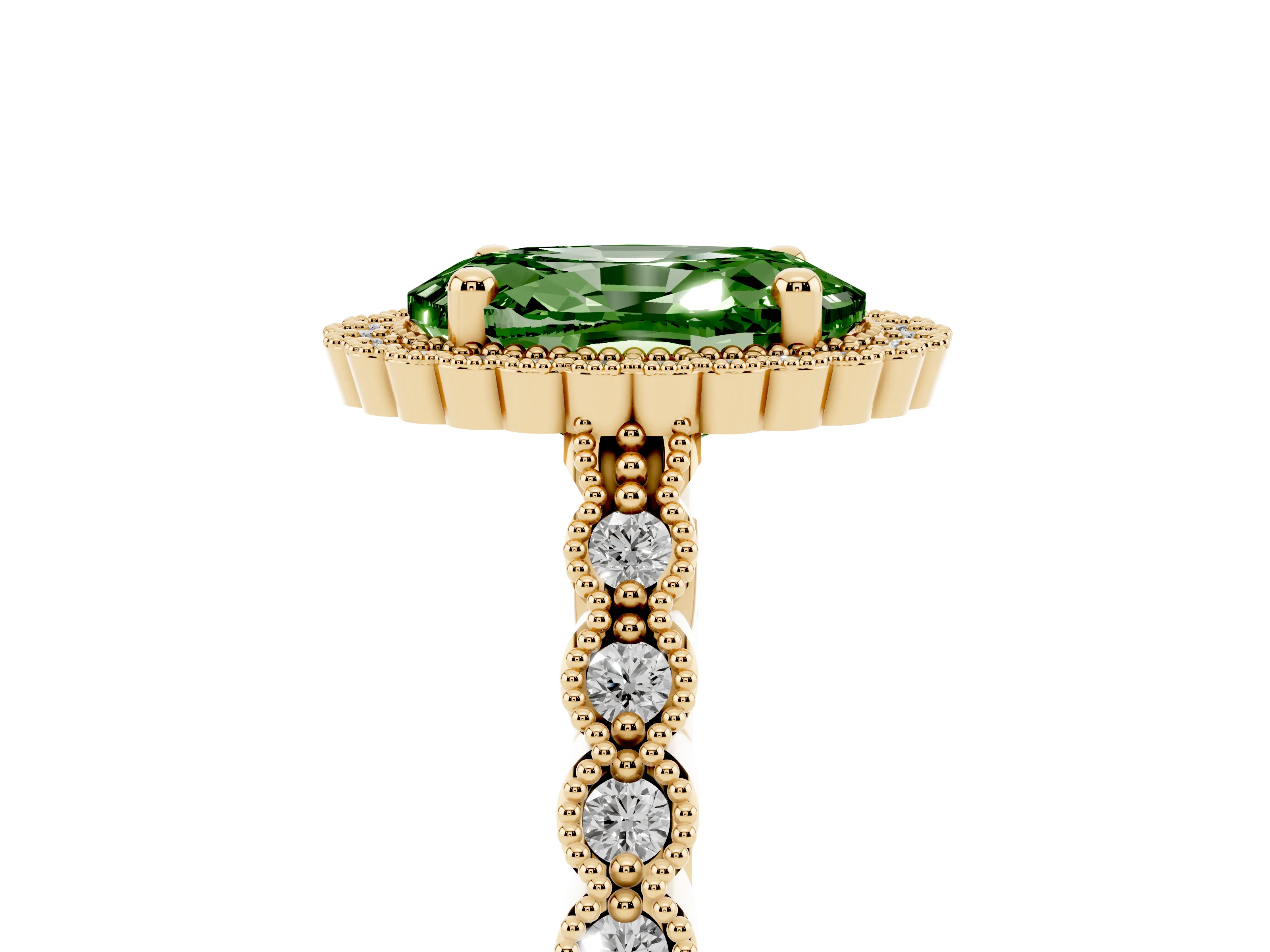 Fancy Green Oval Cut Diamond Halo Ring Set in Yellow gold with Pavé Milgrain Band