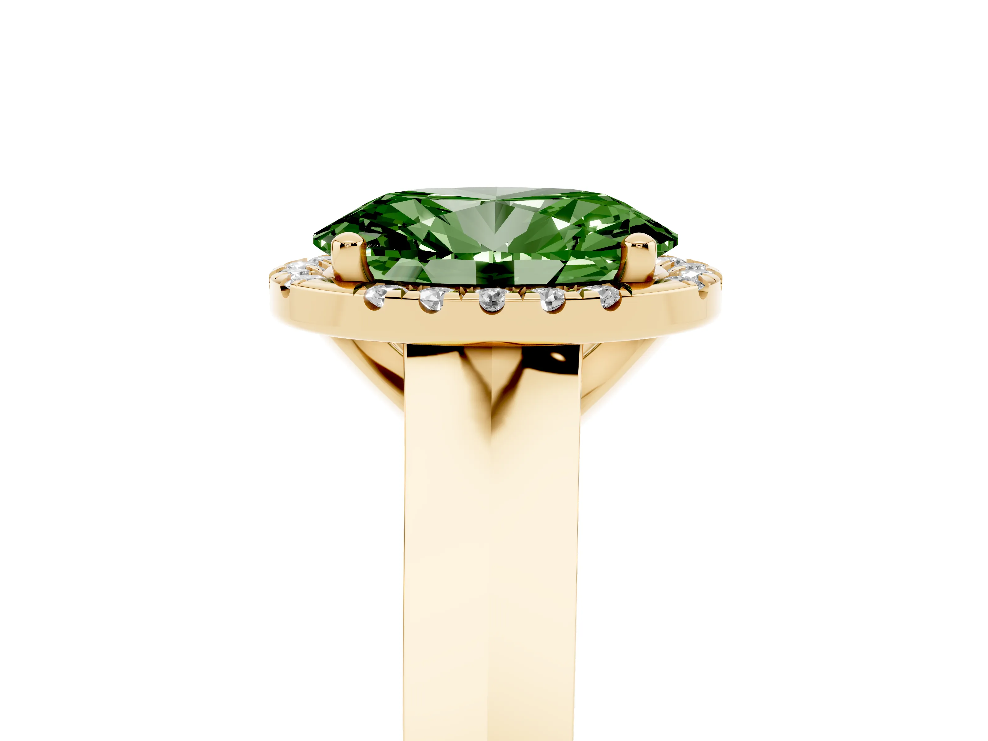 Fancy Green Oval Cut Diamond Halo Ring Set in Yellow gold with Cathedral Band and Prong Setting