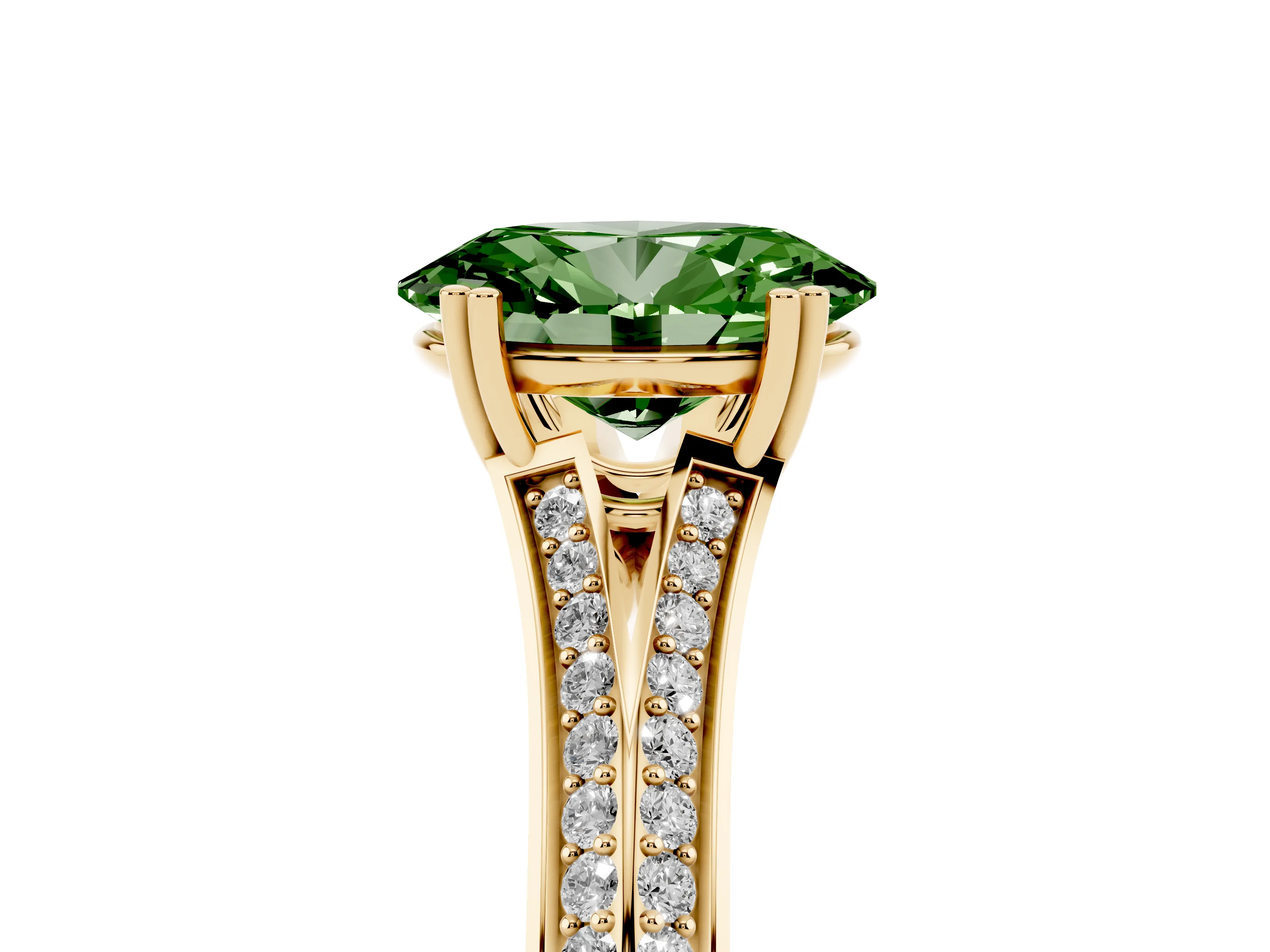 Fancy Green Oval Cut Diamond Split Shank Pavé Engagement Ring Set in Yellow gold with Prong-Set Center Stone