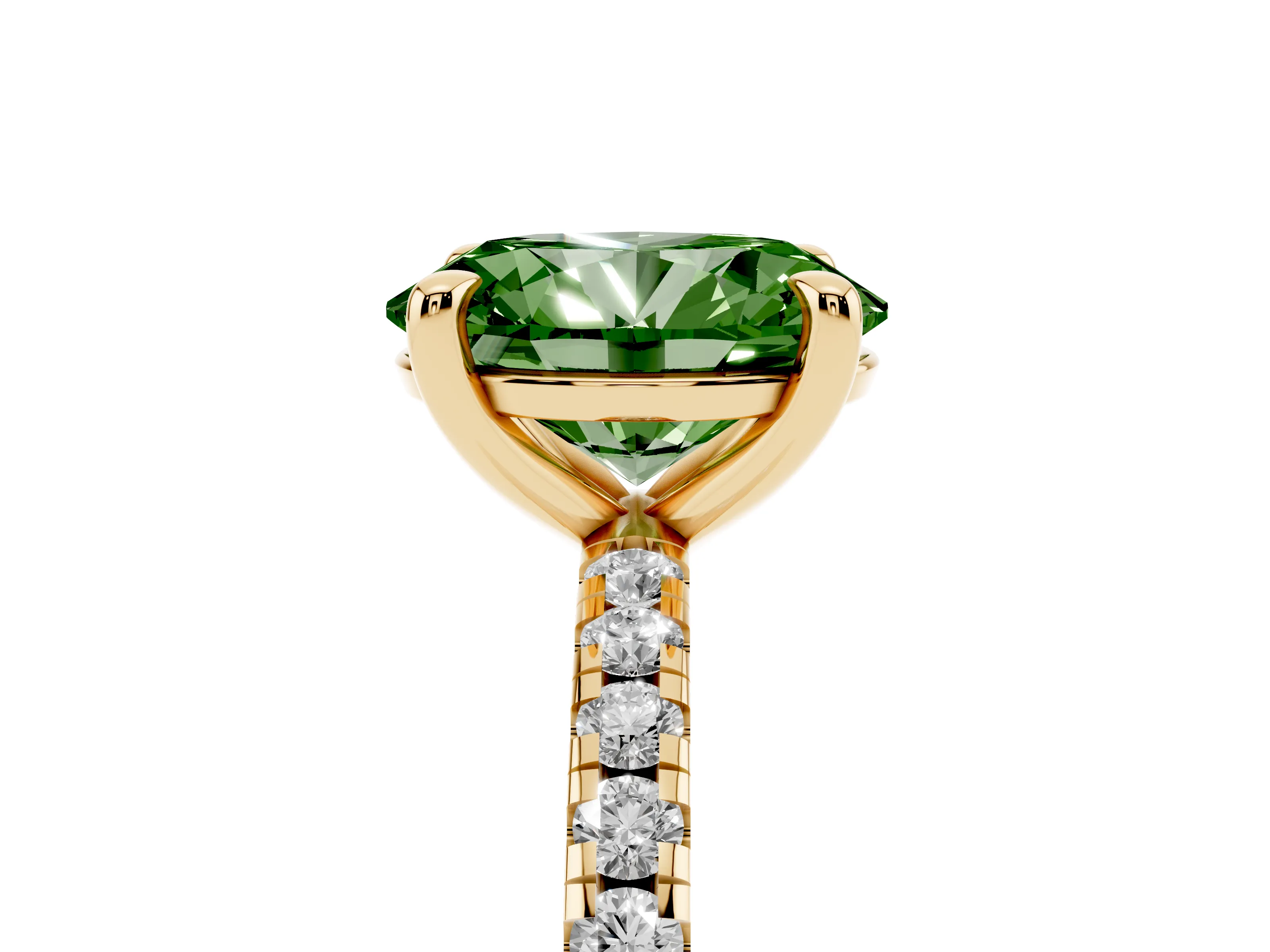 Fancy Green Oval Cut Diamond Brilliant Solitaire Ring Set in Yellow gold with Pavé Band and Prong Setting