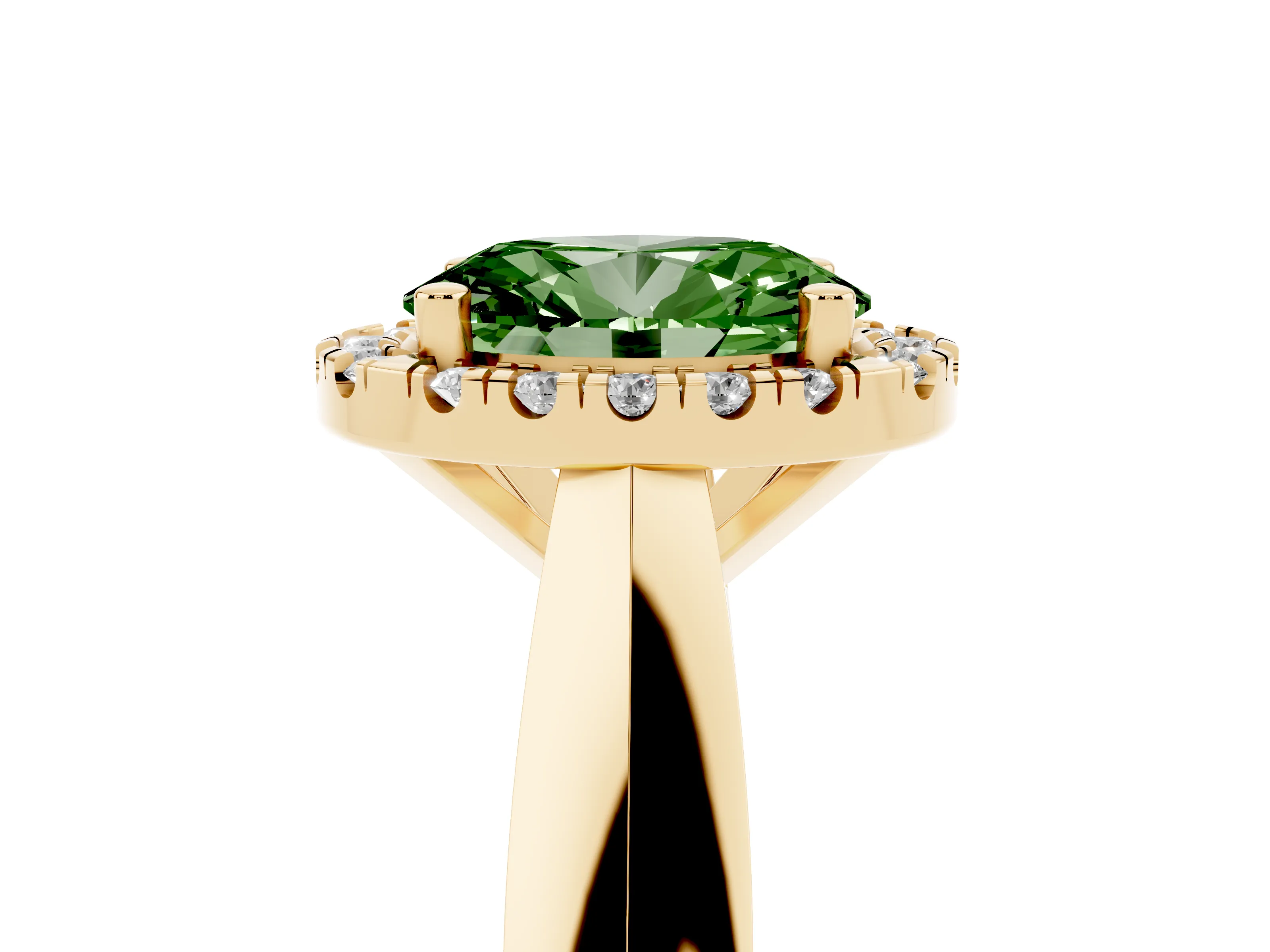 Fancy Green Oval Cut Diamond Halo Solitaire Engagement Ring Set in Yellow gold with Square Band and Prong Setting