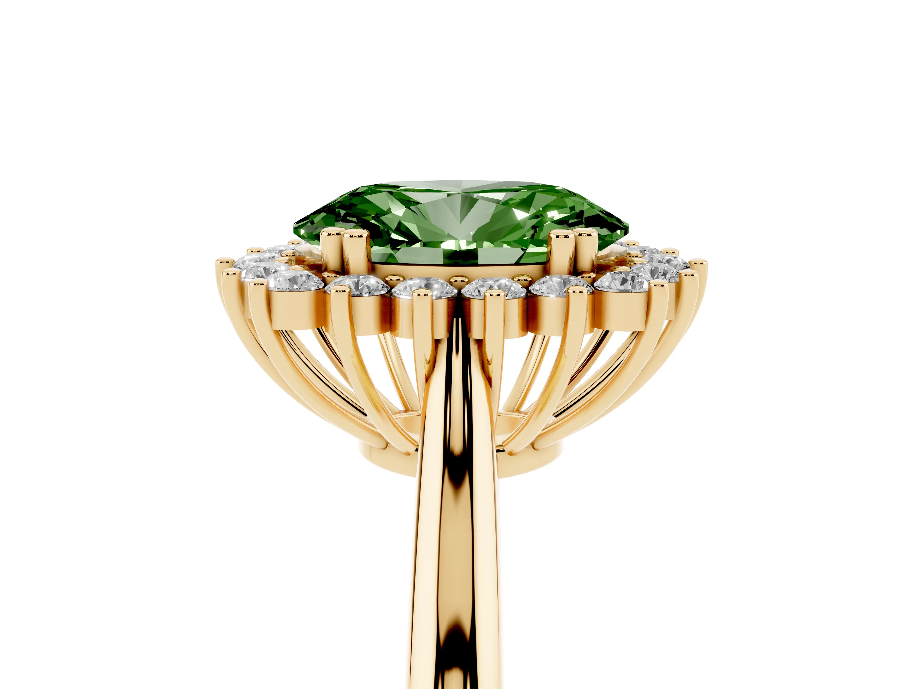 Fancy Green Oval Cut Diamond Halo Ring Set in Yellow gold with Plain Solitaire Band and Prong Setting