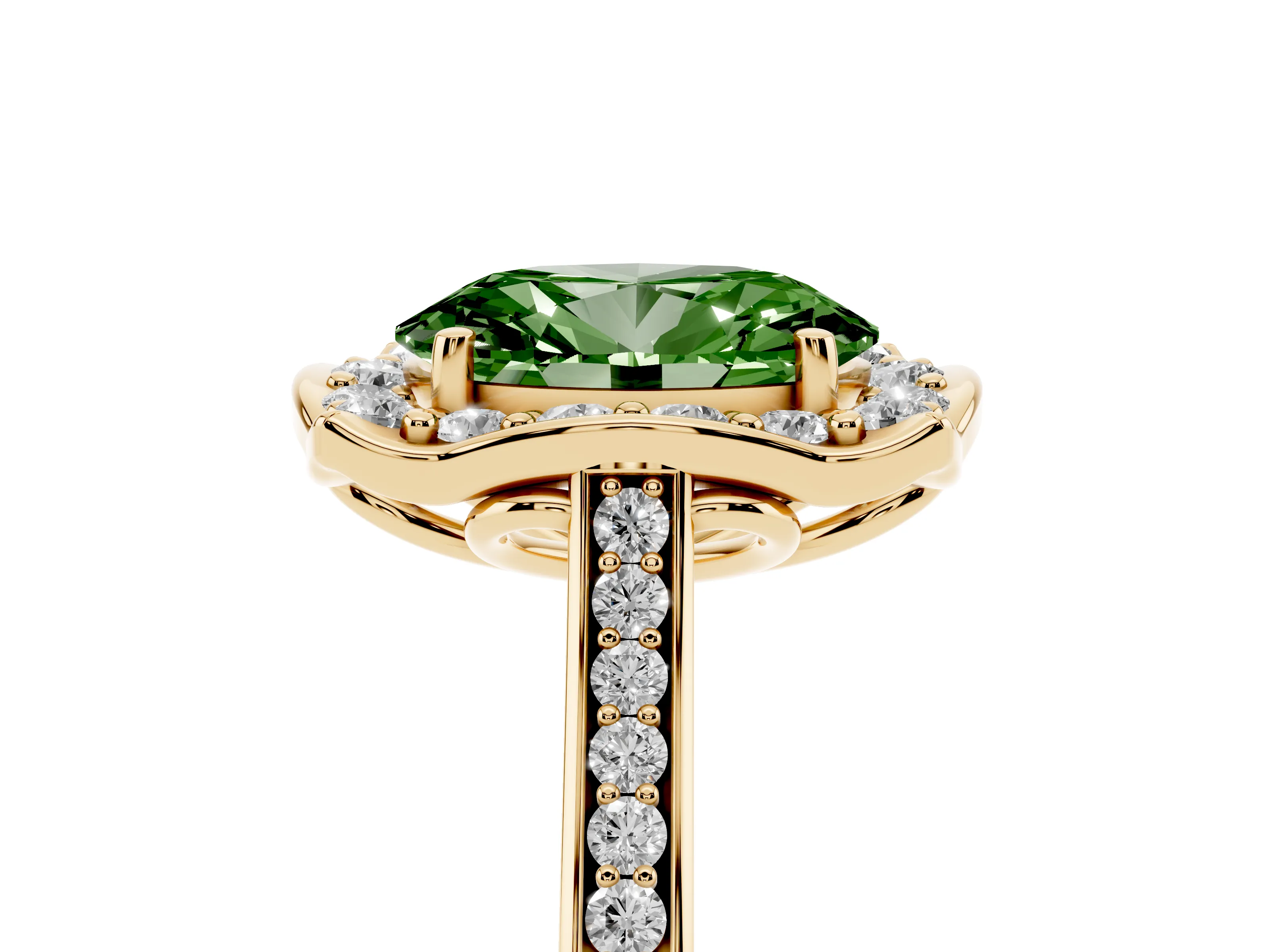 Fancy Green Oval Cut Diamond Halo Ring Set in Yellow gold with Pavé-Lined Shoulders and Prong Setting