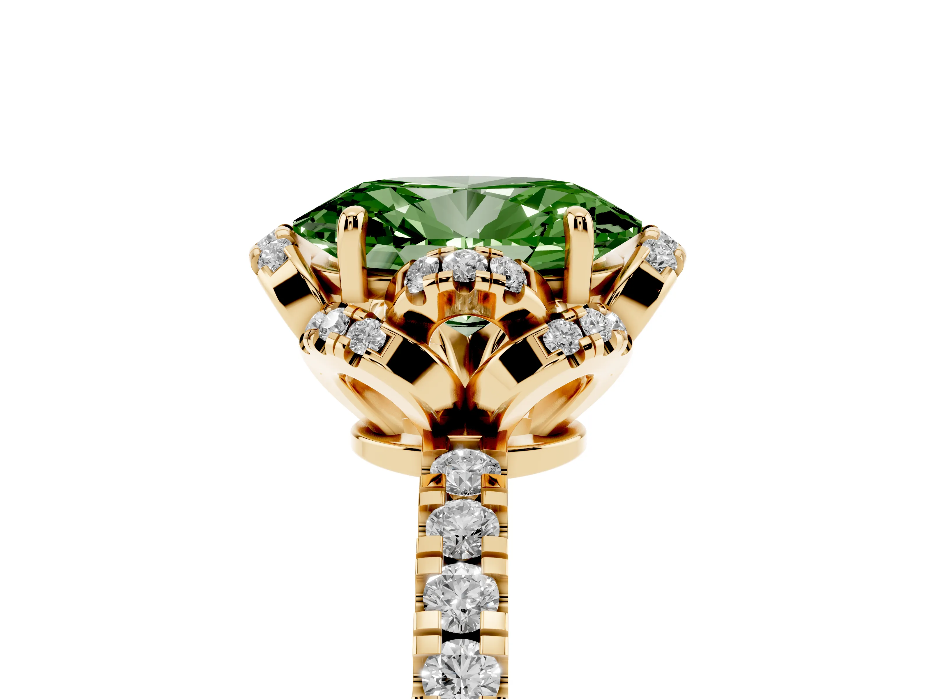 Fancy Green Oval Cut Diamond Halo Pavé Band Ring Set in Yellow gold with Prong-Held Center