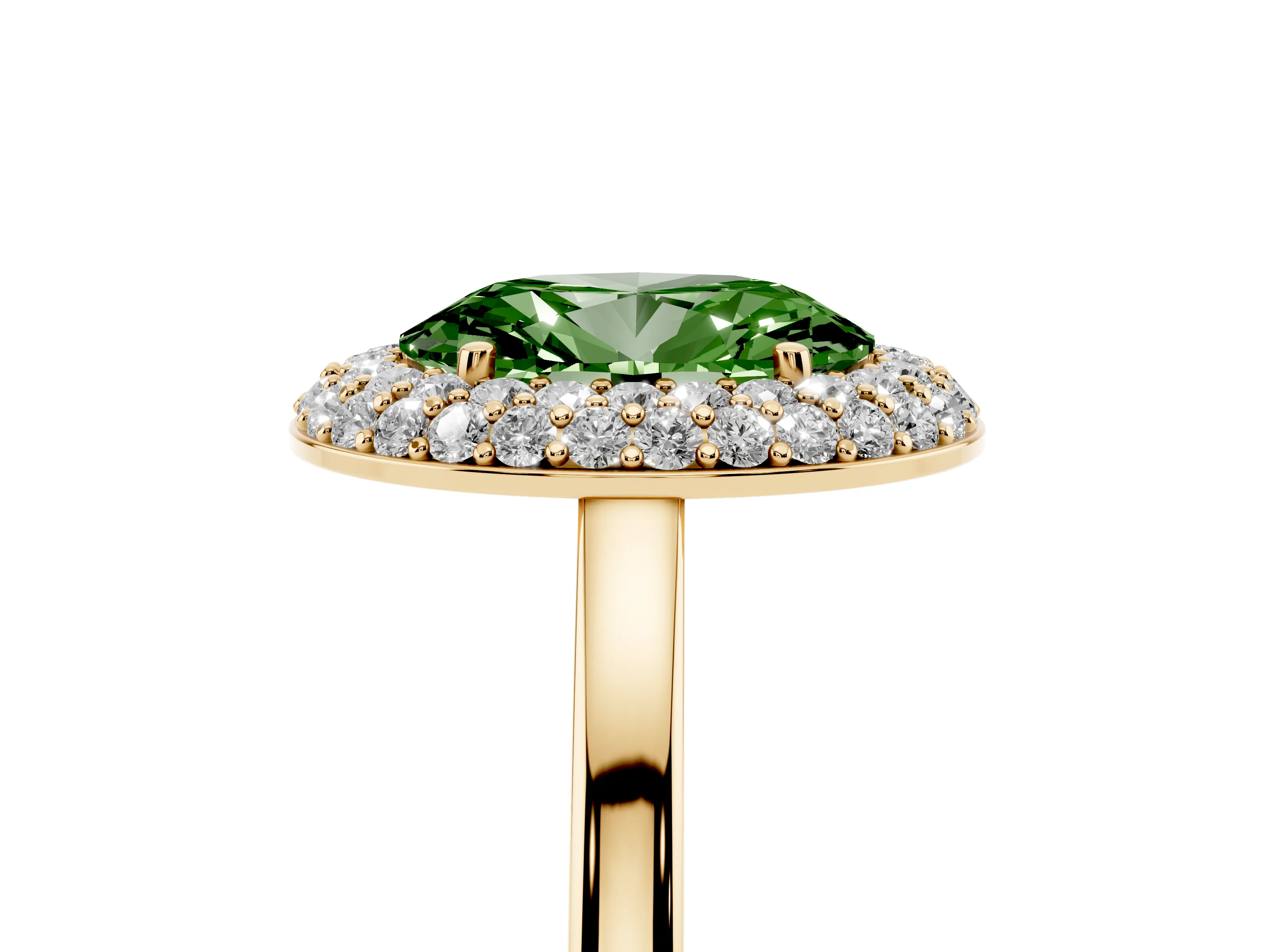 Fancy Green Oval Cut Diamond Halo Engagement Ring Set in Yellow gold with Solitaire Band and Prong Setting
