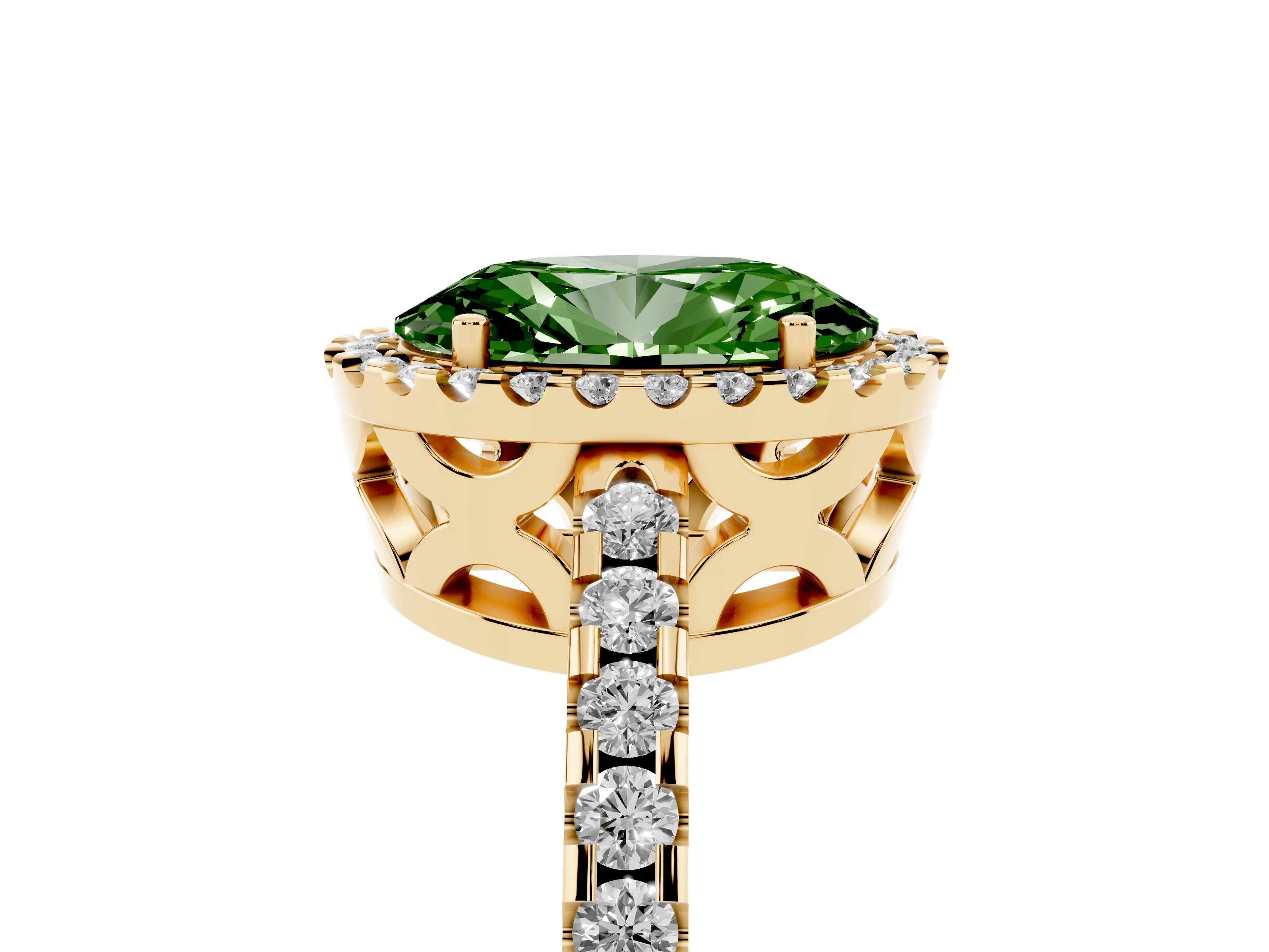 Fancy Green Oval Cut Diamond Halo Ring Set in Yellow gold with Pavé Shoulders and Halo-Framed Center