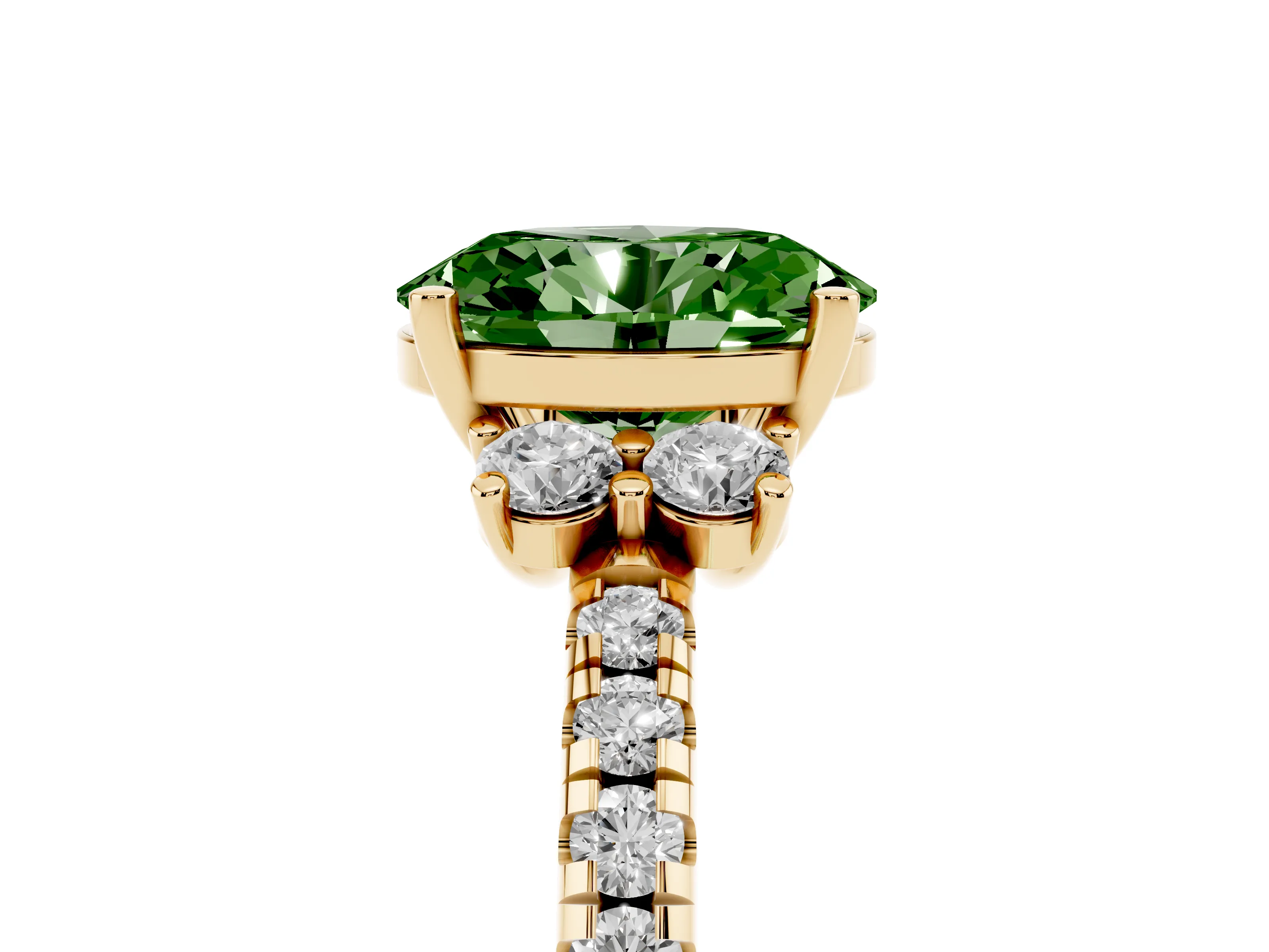 Fancy Green Oval Cut Diamond Three-Stone Pavé Ring Set in Yellow gold with Prong Setting