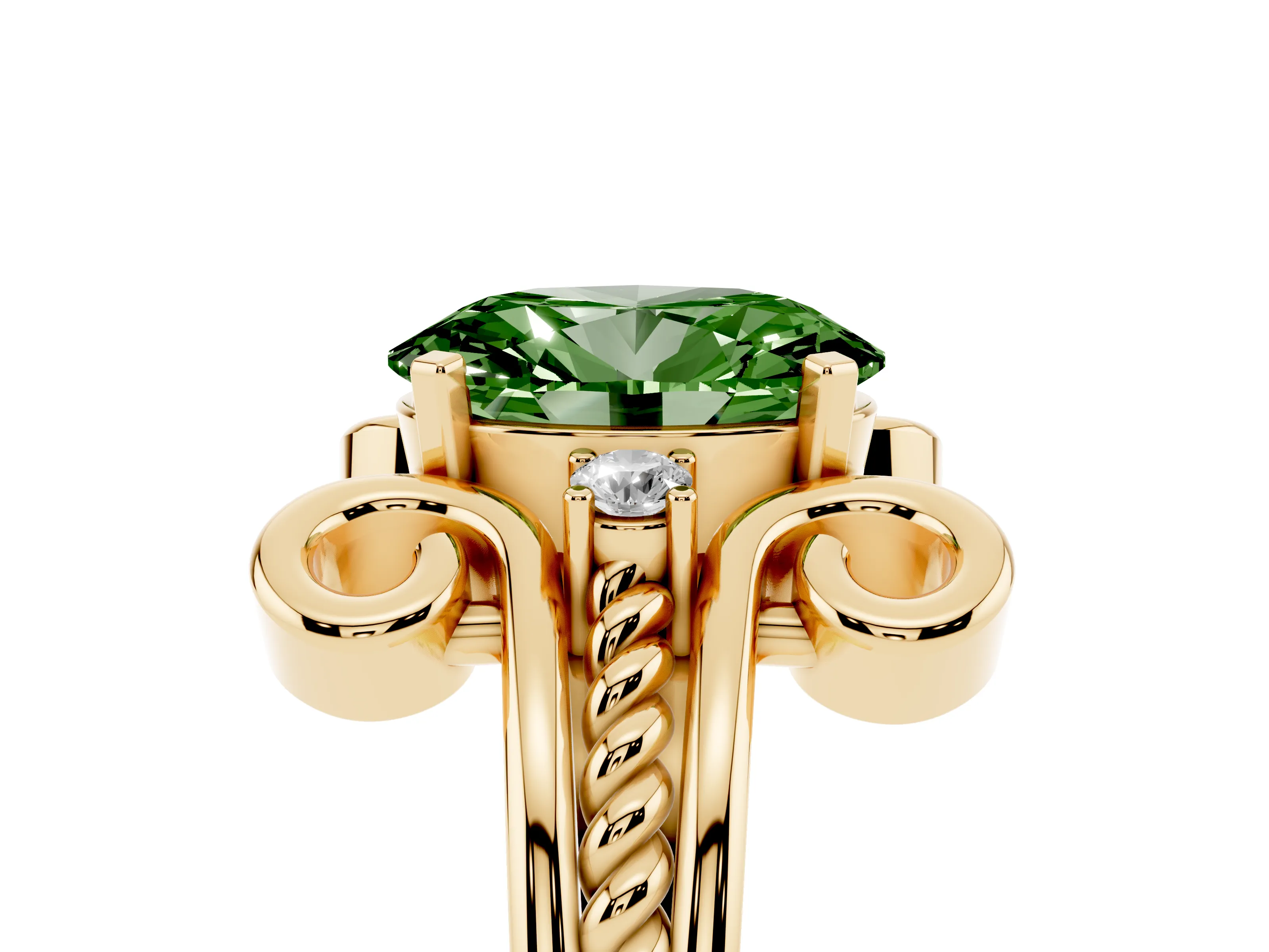 Fancy Green Oval Cut Diamond Twisted Band Solitaire Ring Set in Yellow gold with Scroll Prongs