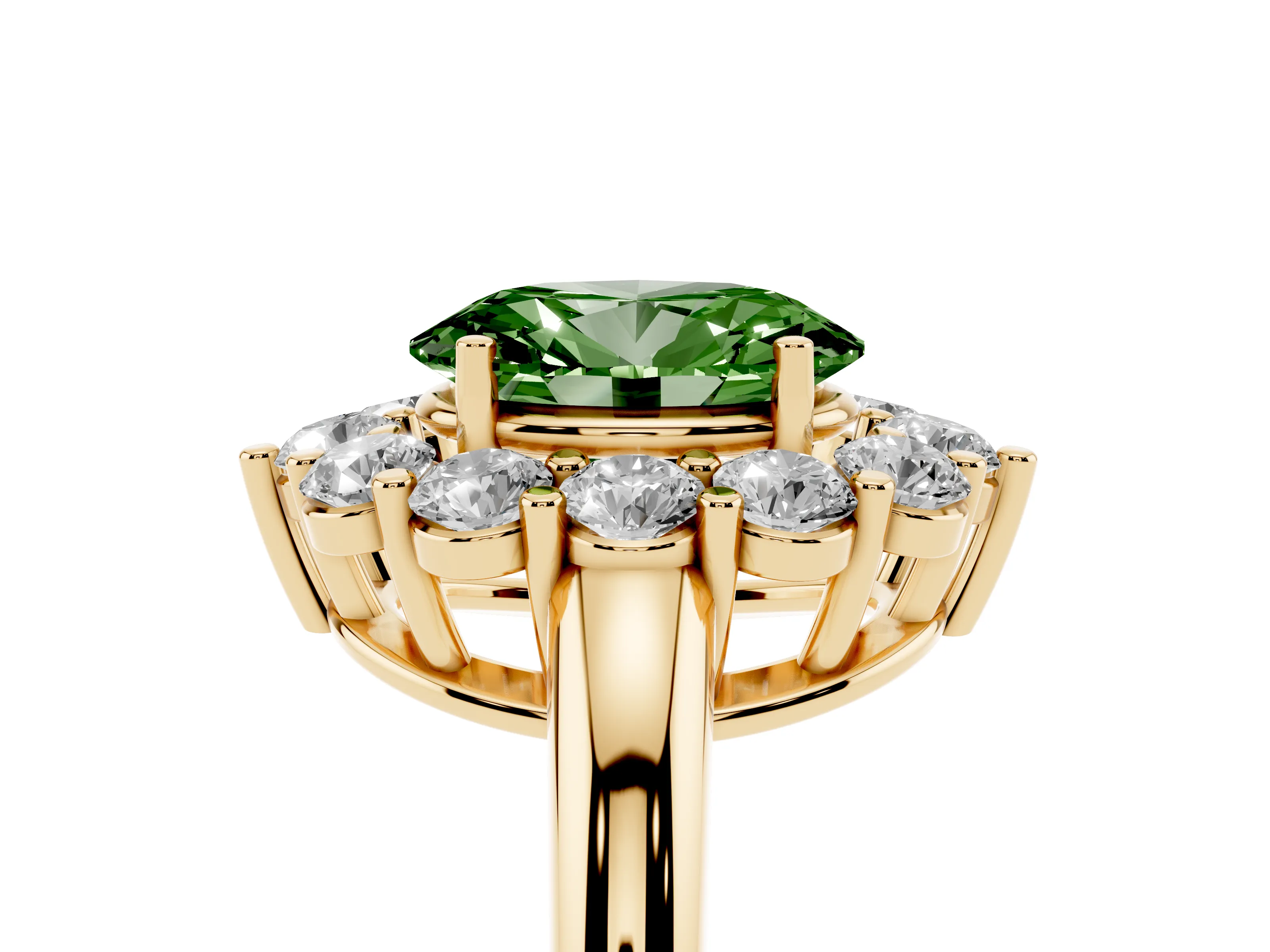 Fancy Green Oval Cut Diamond Halo Cluster Engagement Ring Set in Yellow gold with Polished Band and Prong Setting