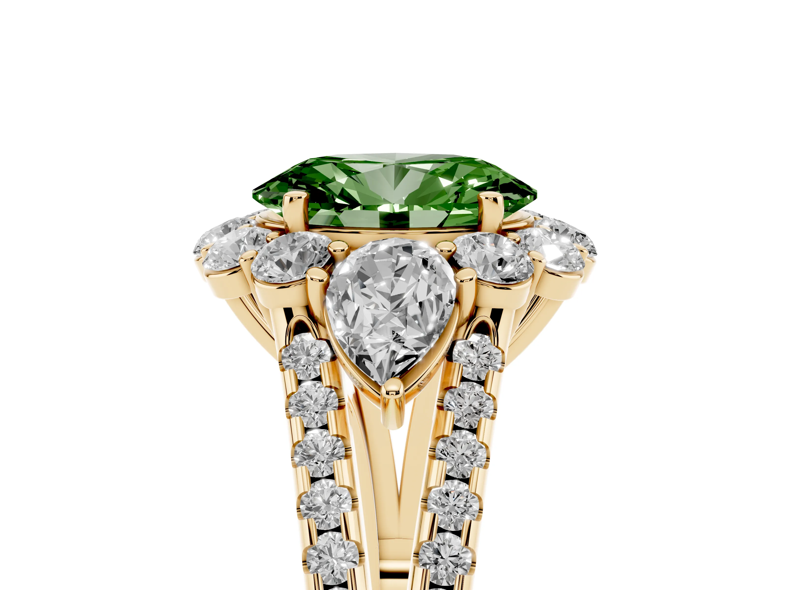 Fancy Green Oval Cut Diamond Halo Split Shank Engagement Ring Set in Yellow gold with Prong-Held Center Stone
