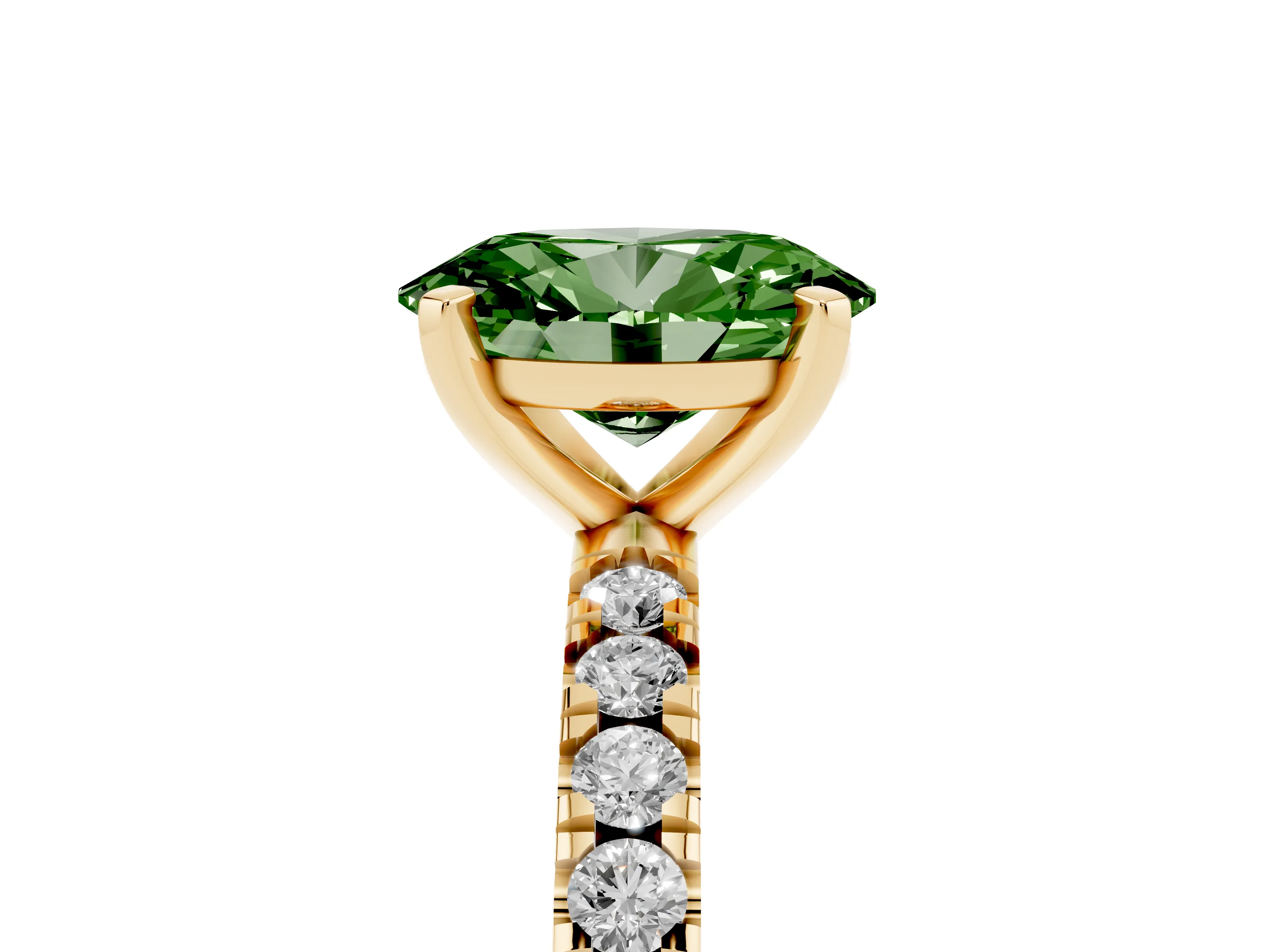 Fancy Green Oval Cut Diamond Pavé Band Solitaire Set in Yellow gold with Prong Setting