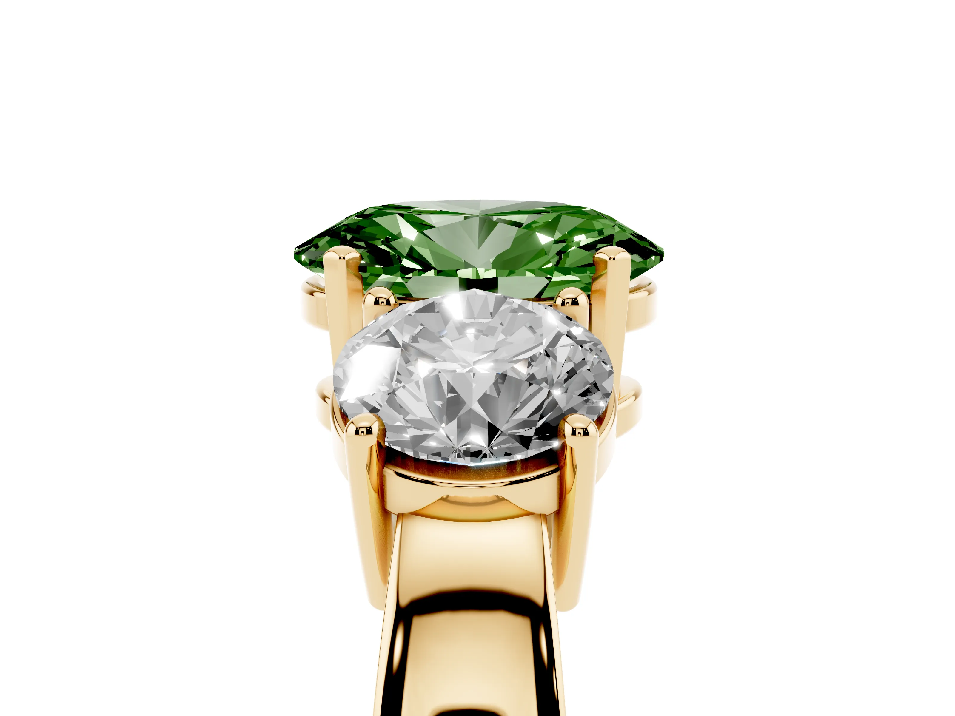 Fancy Green Oval Cut Diamond Three-Stone Ring Set in Yellow gold with Round Side Stones and Classic Band