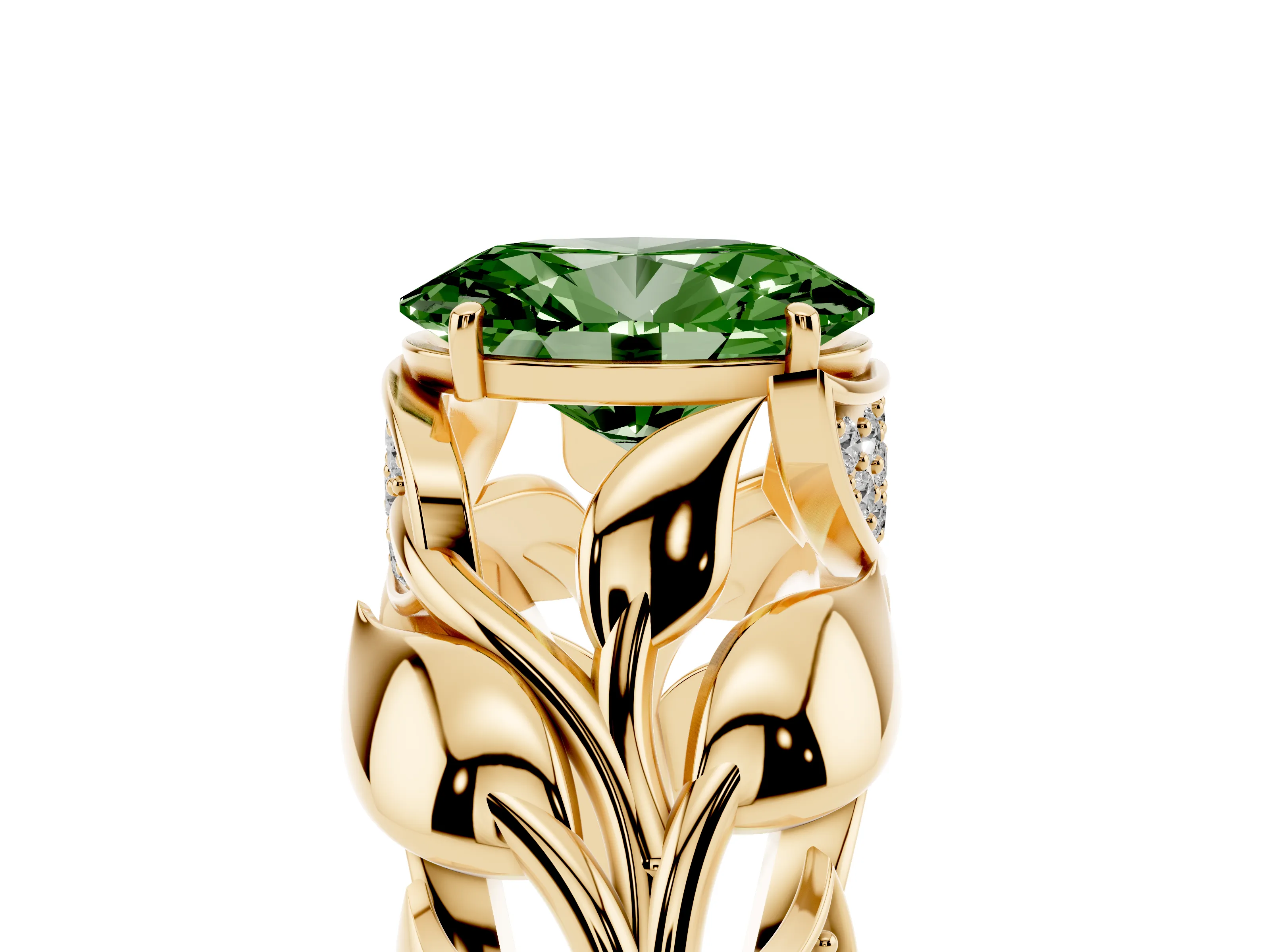 Fancy Green Oval Cut Diamond Leaf-Inspired Engagement Ring Set in Yellow gold with Round Accents
