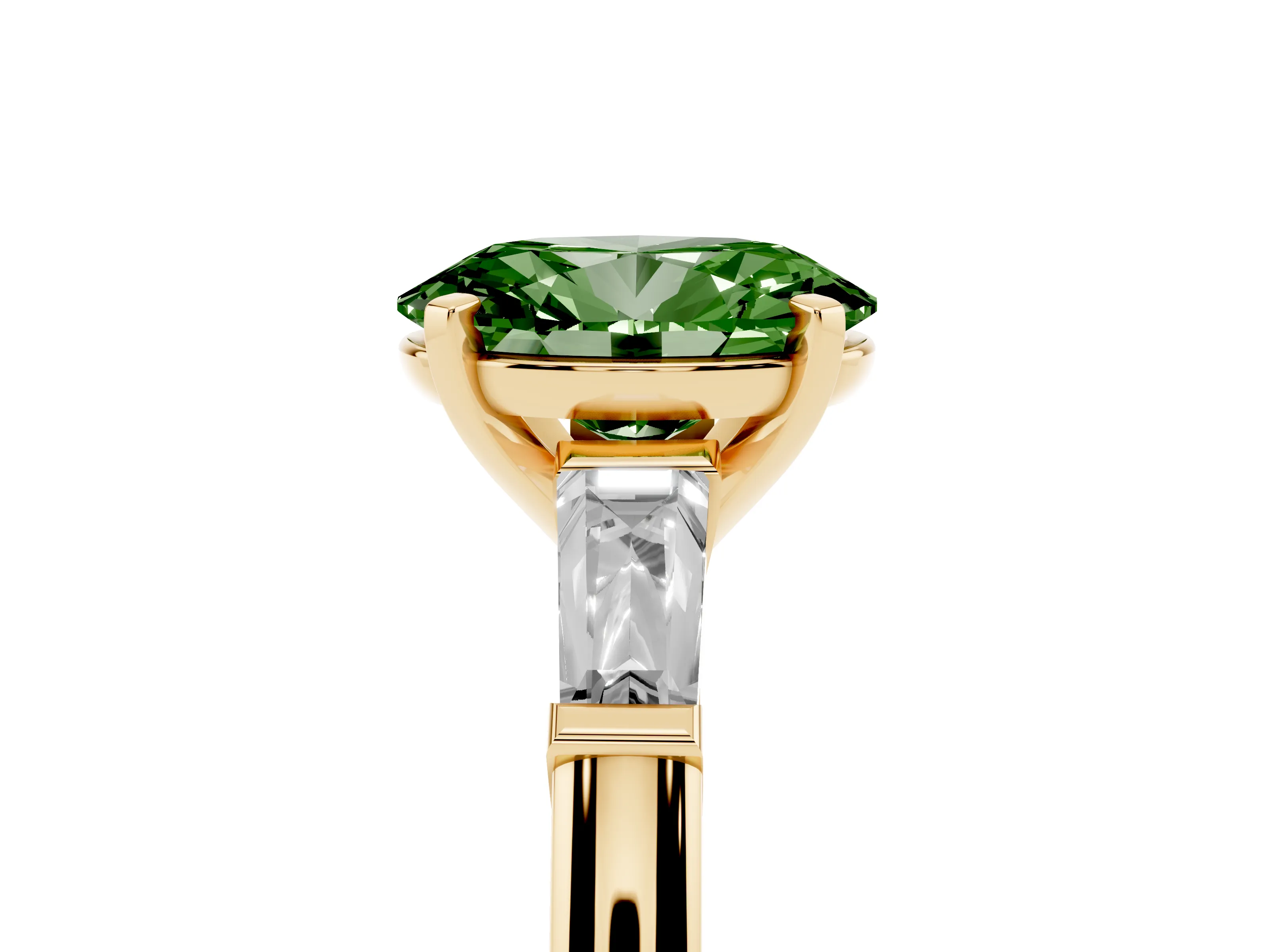 Fancy Green Oval Cut Diamond Solitaire Ring Set in Yellow gold with Tapered Baguette Side Stones and Prong Setting