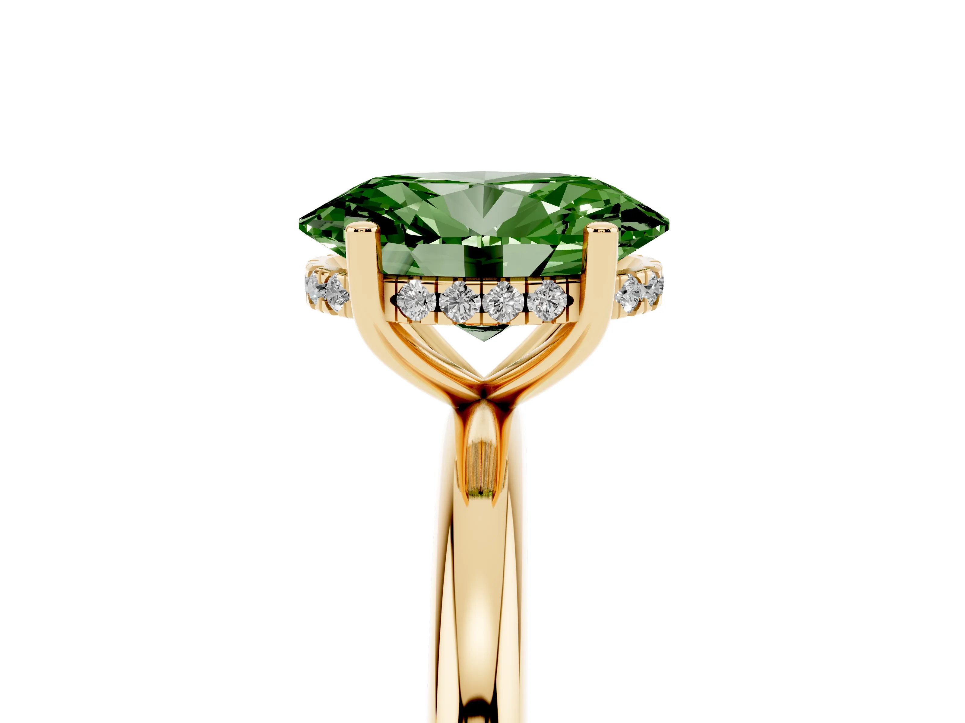 Fancy Green Oval Cut Diamond Solitaire Engagement Ring Set in Yellow gold with Prong Setting and Polished Band