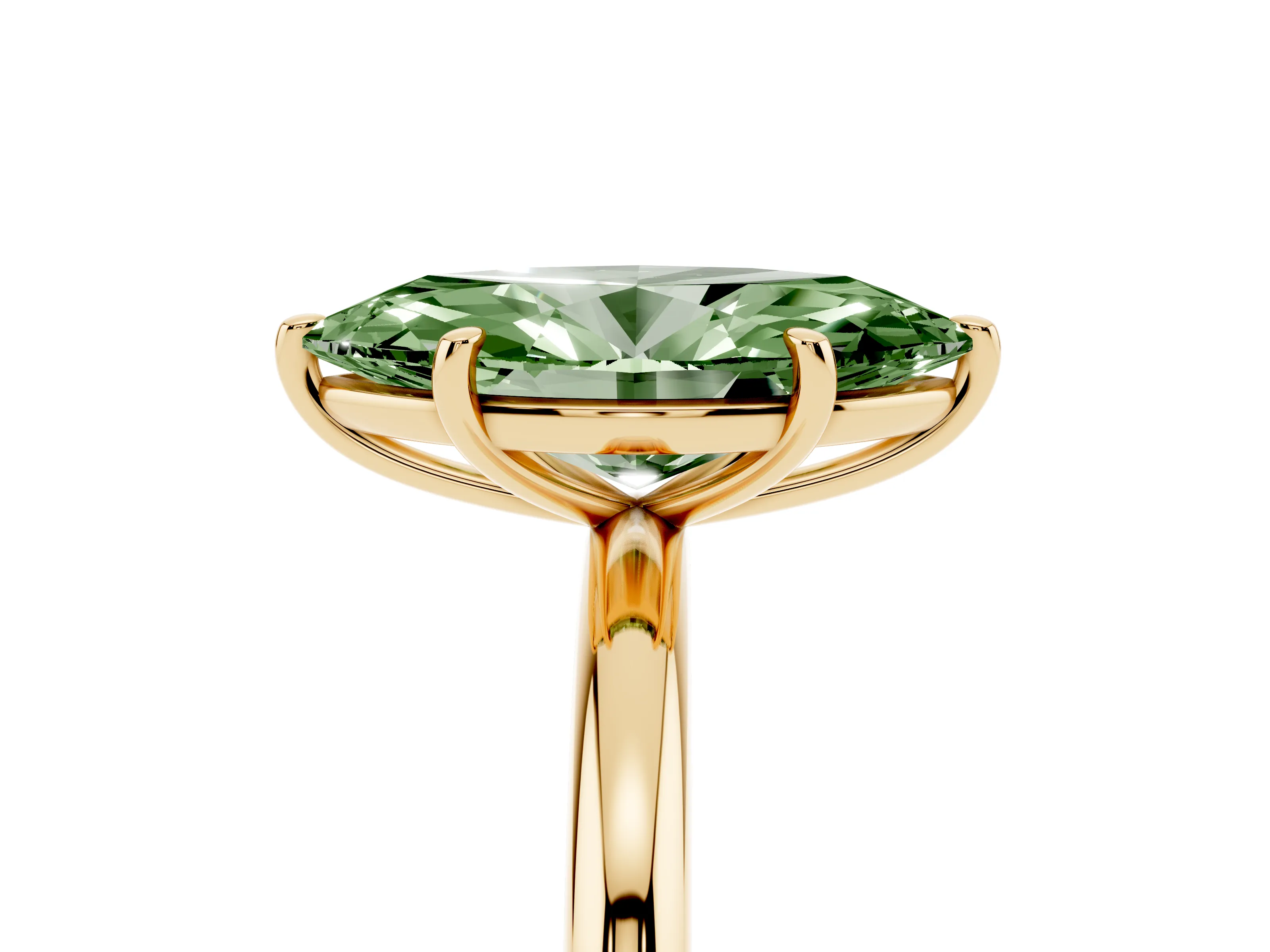 Fancy Green Oval Cut Diamond Solitaire Ring Set in Yellow gold with Prong Setting on a Polished Plain Band