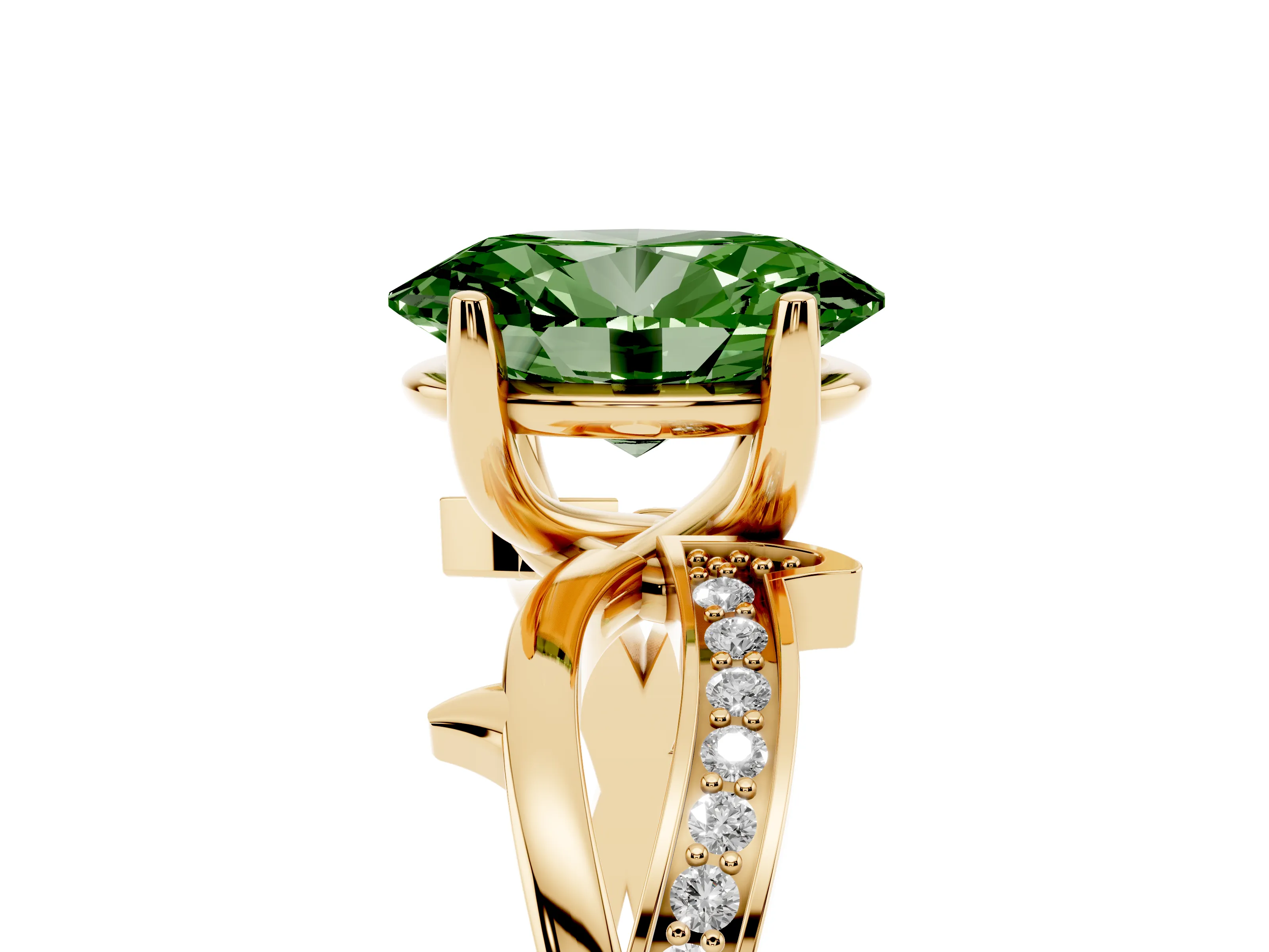 Fancy Green Oval Cut Diamond Pavé Twist Band Solitaire Ring Set in Yellow gold with Prong Setting