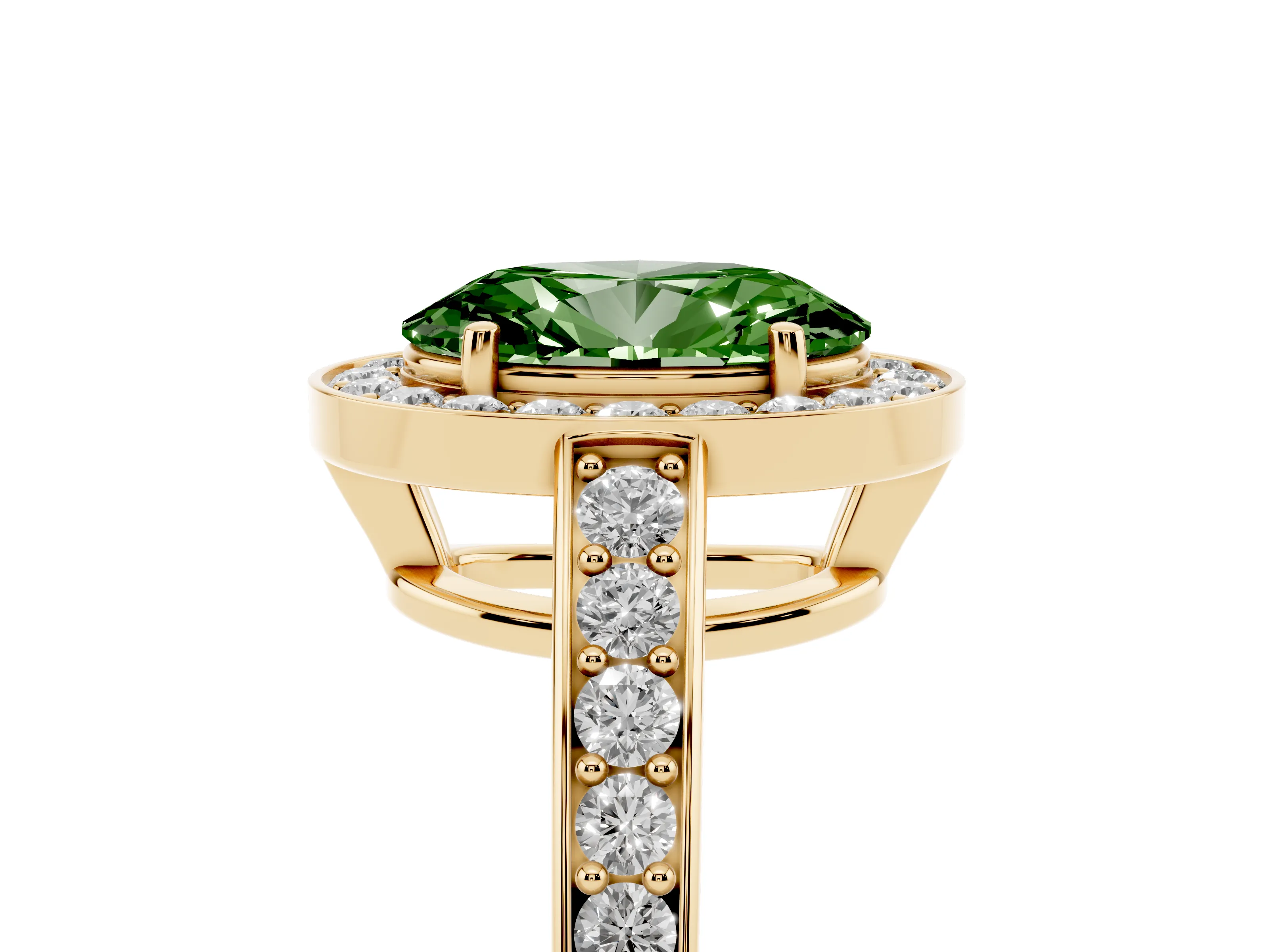 Fancy Green Oval Cut Diamond Halo Pavé Engagement Ring Set in Yellow gold with Bezel Setting