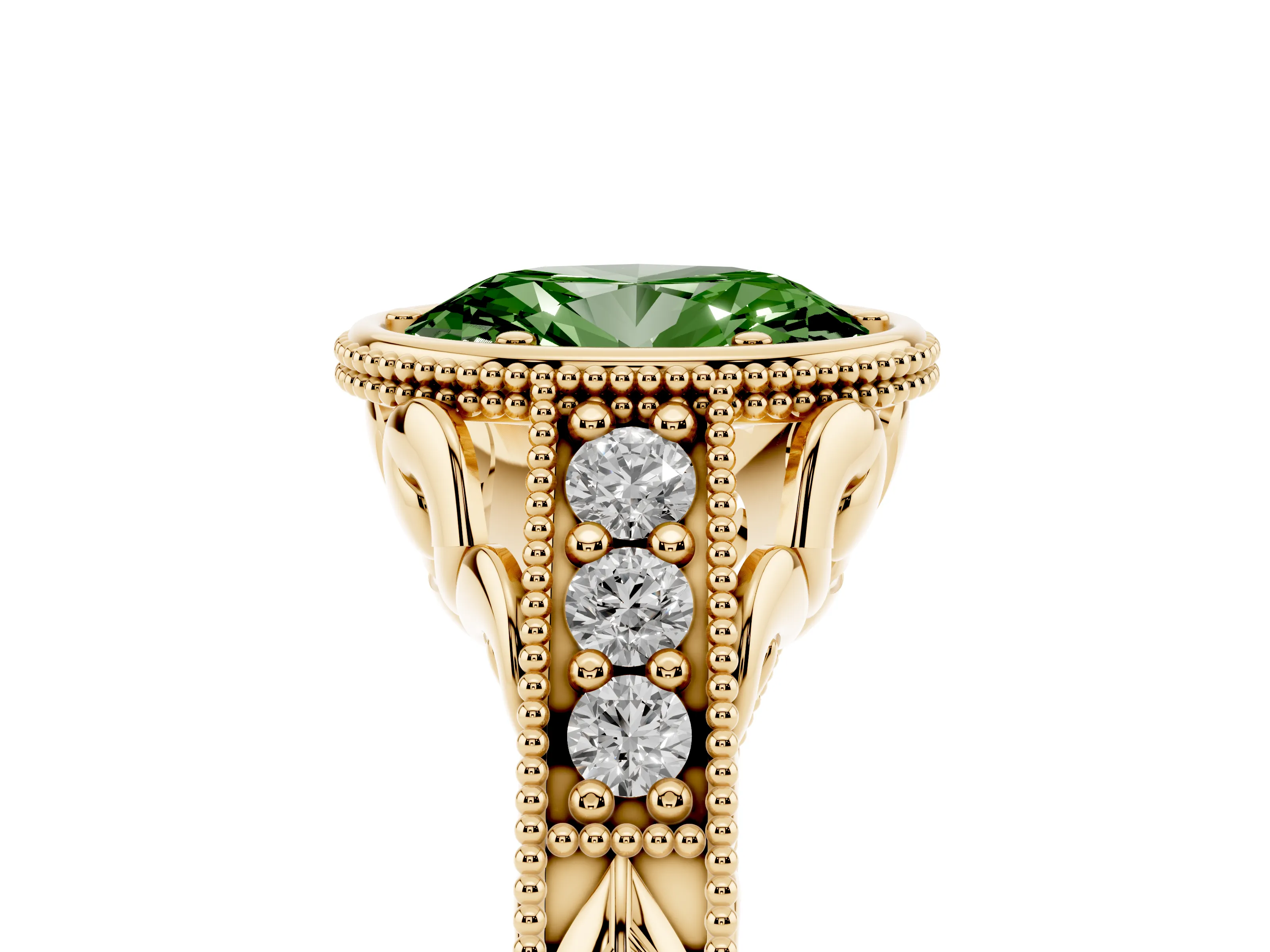 Fancy Green Bezel Set Oval Cut Diamond Milgrain Pavé Engagement Ring Set in Yellow gold