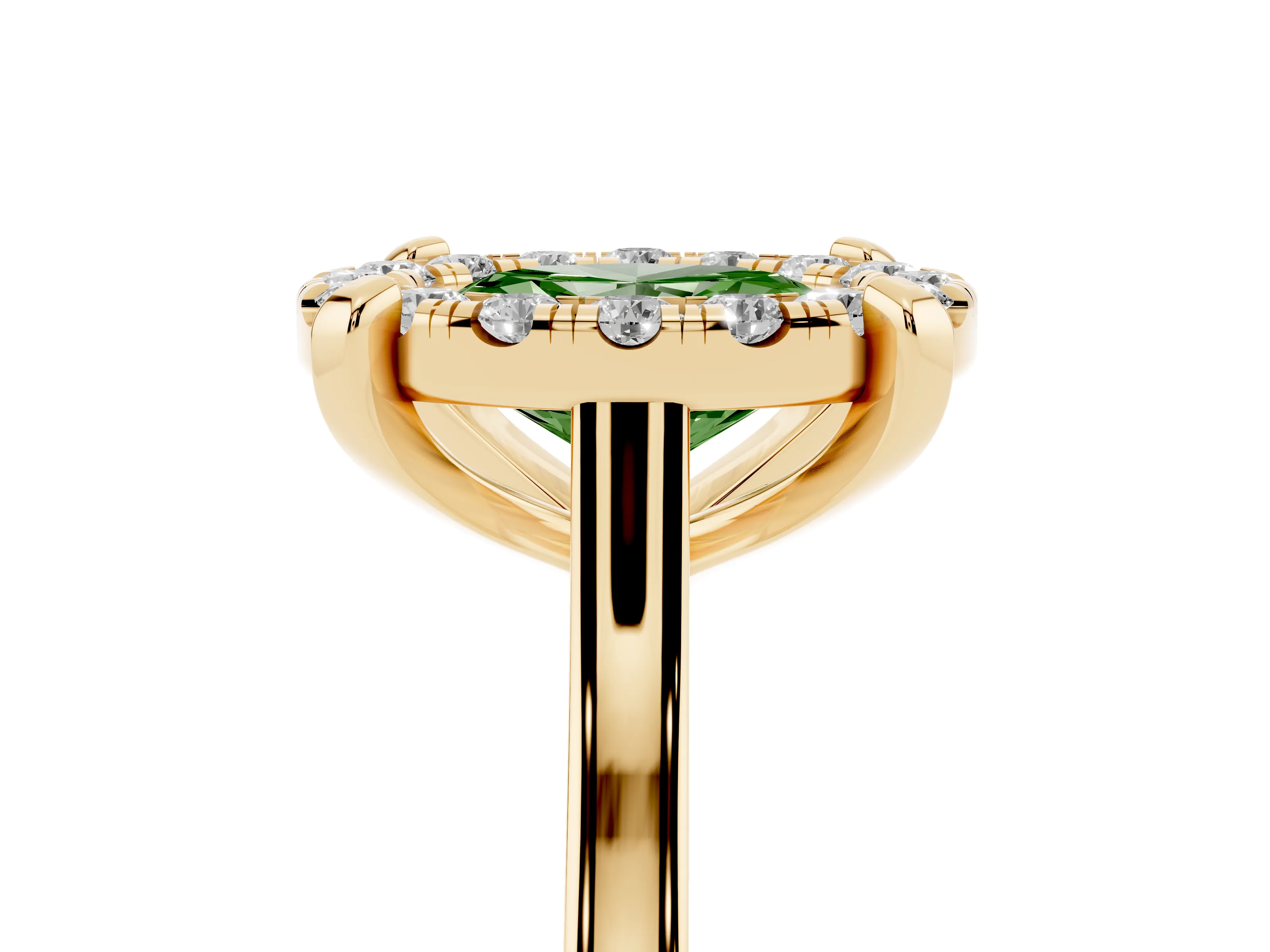 Fancy Green Oval Cut Diamond Cluster Halo Solitaire Ring Set in Yellow gold with Prong Setting