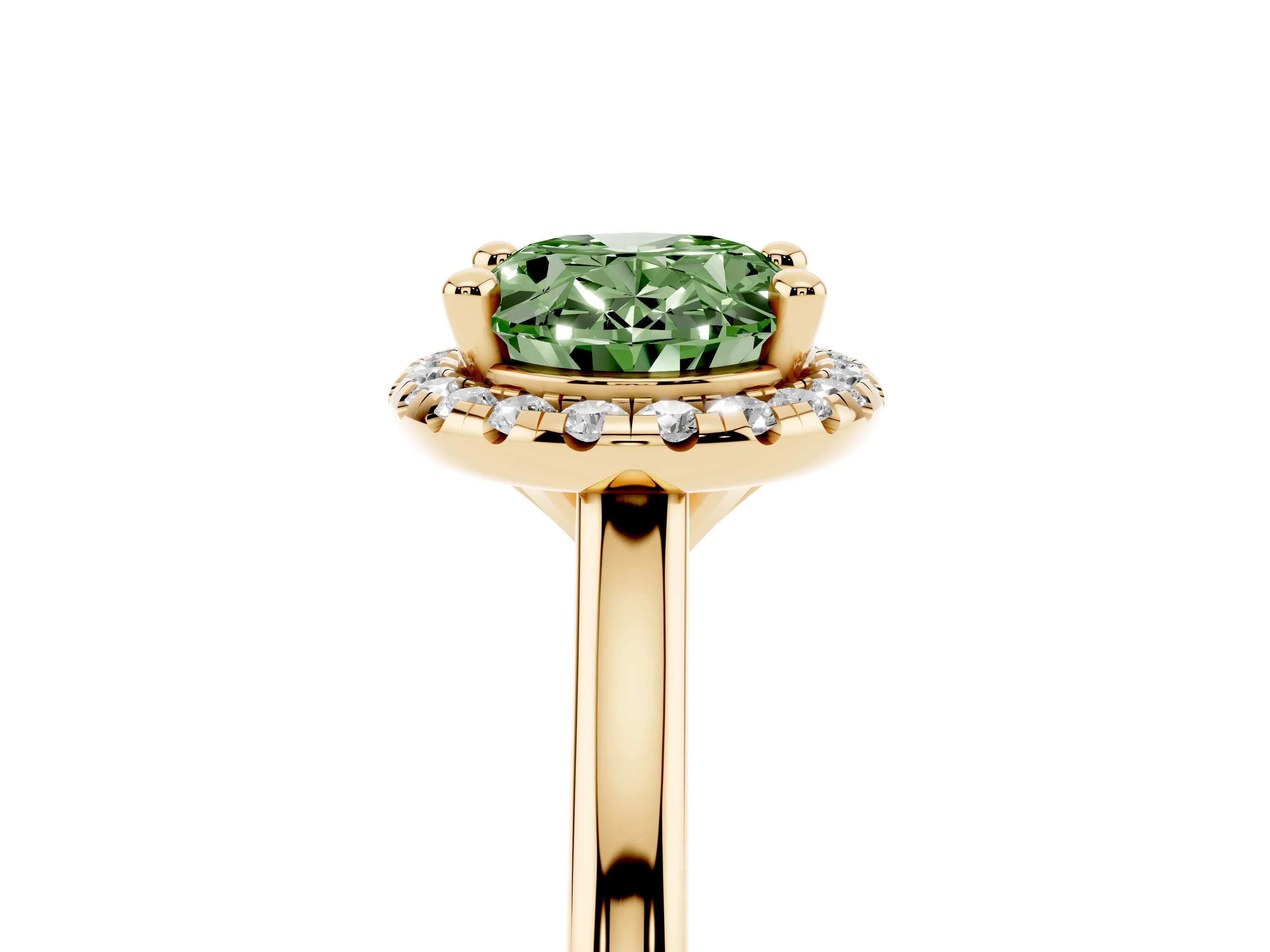 Fancy Green Oval Cut Diamond Halo Engagement Ring Set in Yellow gold with Pavé Band and Rising Shoulders