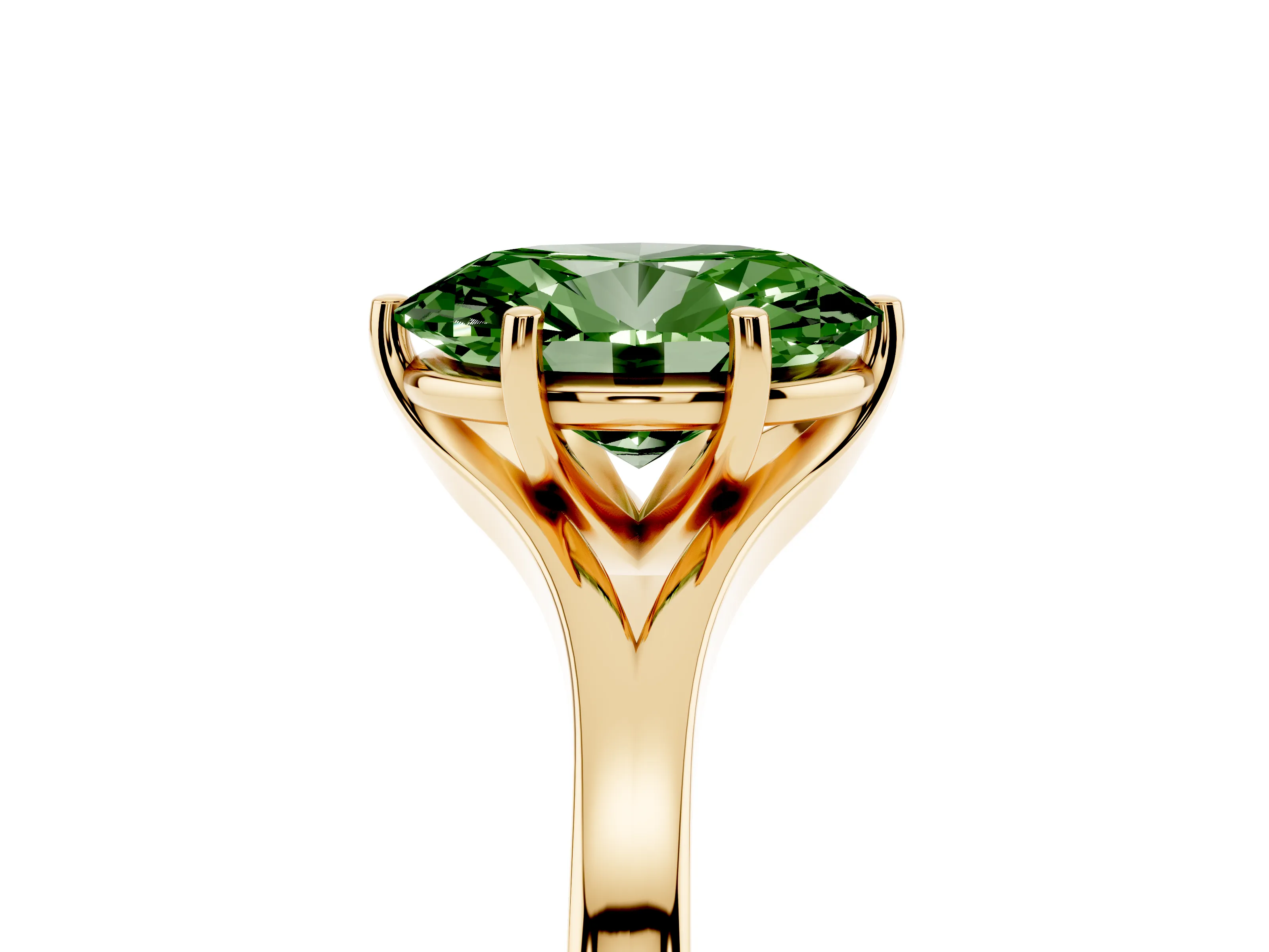 Fancy Green Oval Cut Diamond Solitaire Ring Set in Yellow gold with Polished Tapered Band and Prong Setting